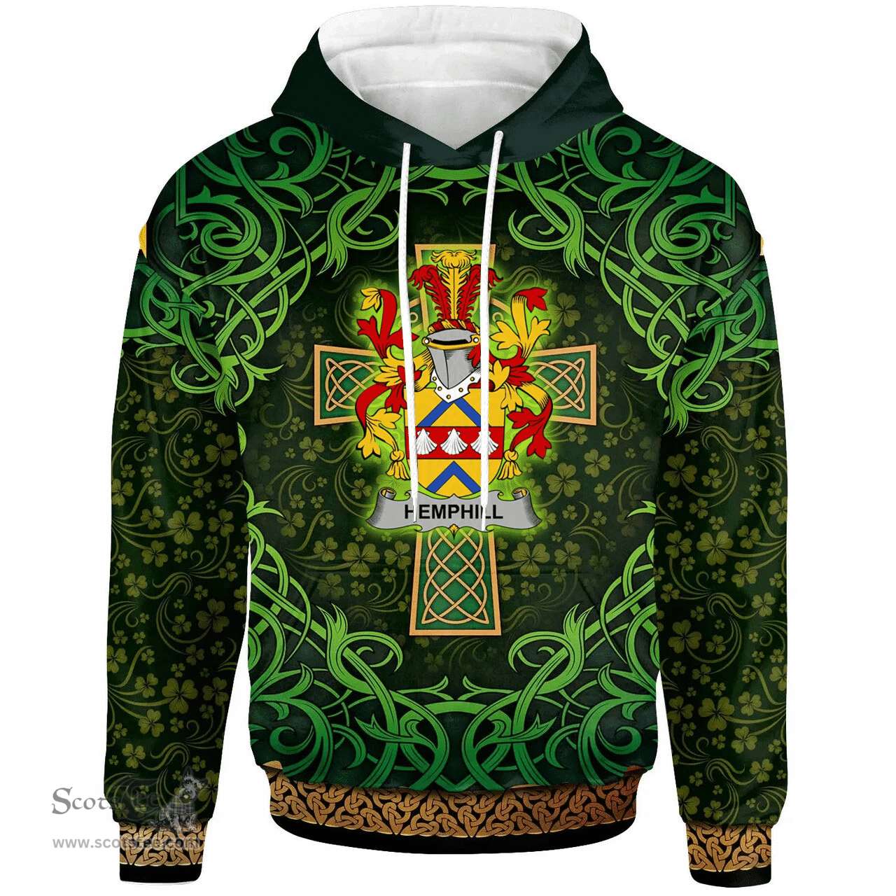 ScotsTee Shop Irish Hemphill Coat of Arms Family Crest Ireland Hoodie Celtic Cross Shamrock Patterns