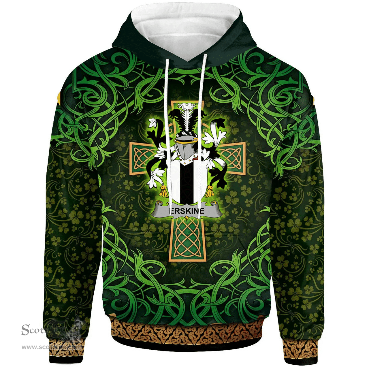 ScotsTee Shop Irish Erskine Coat of Arms Family Crest Ireland Hoodie Celtic Cross Shamrock Patterns