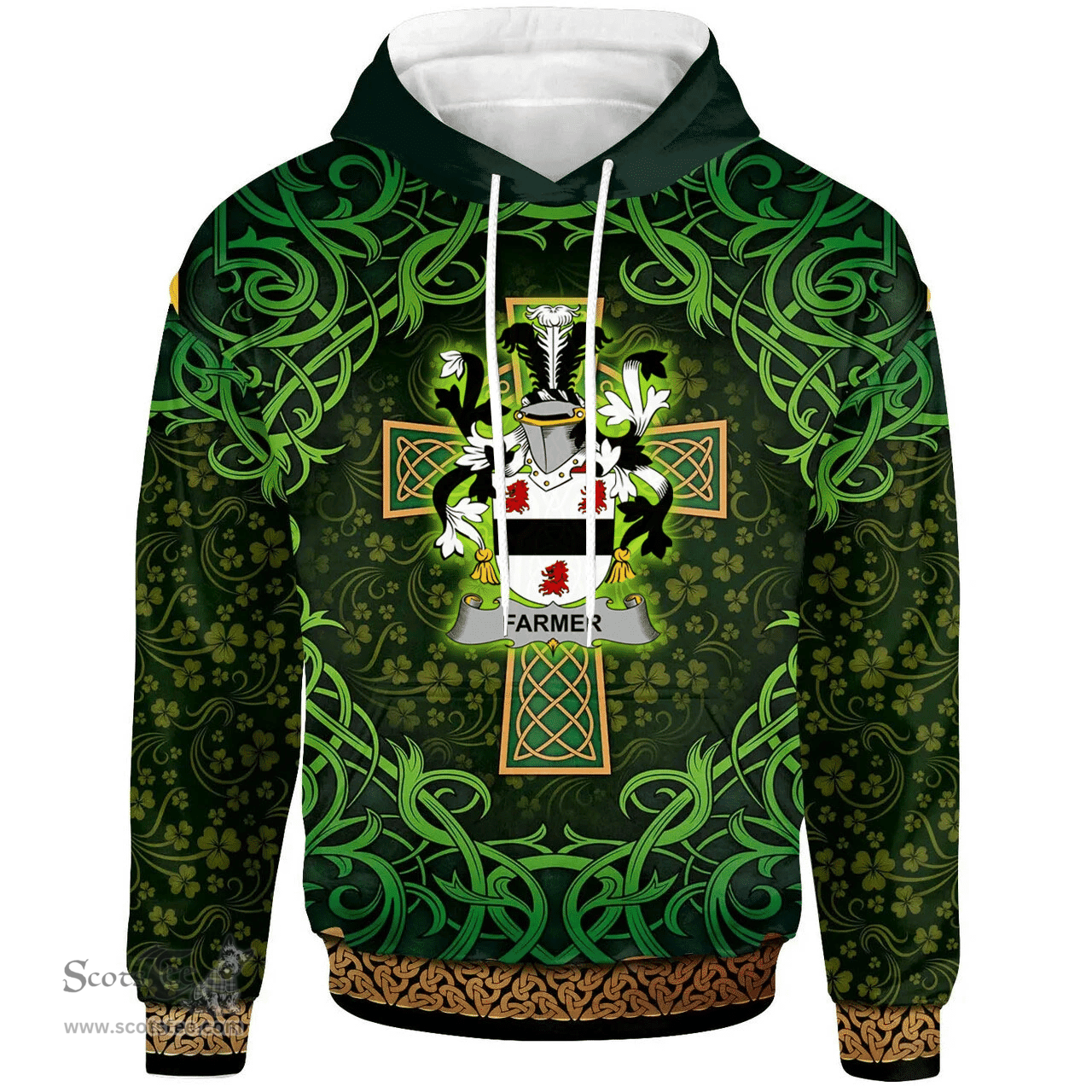 ScotsTee Shop Irish Farmer Coat of Arms Family Crest Ireland Hoodie Celtic Cross Shamrock Patterns