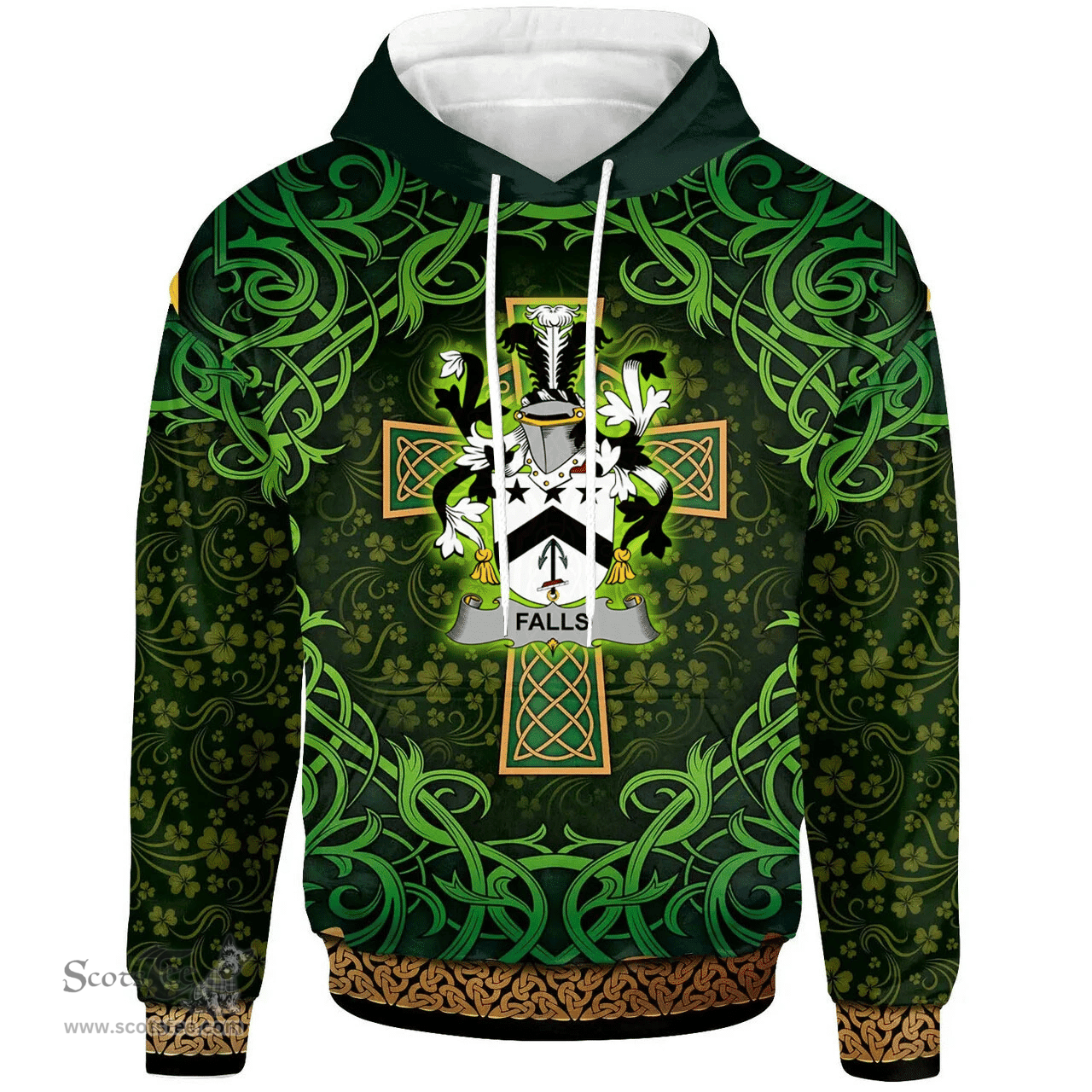ScotsTee Shop Irish Falls Coat of Arms Family Crest Ireland Hoodie Celtic Cross Shamrock Patterns
