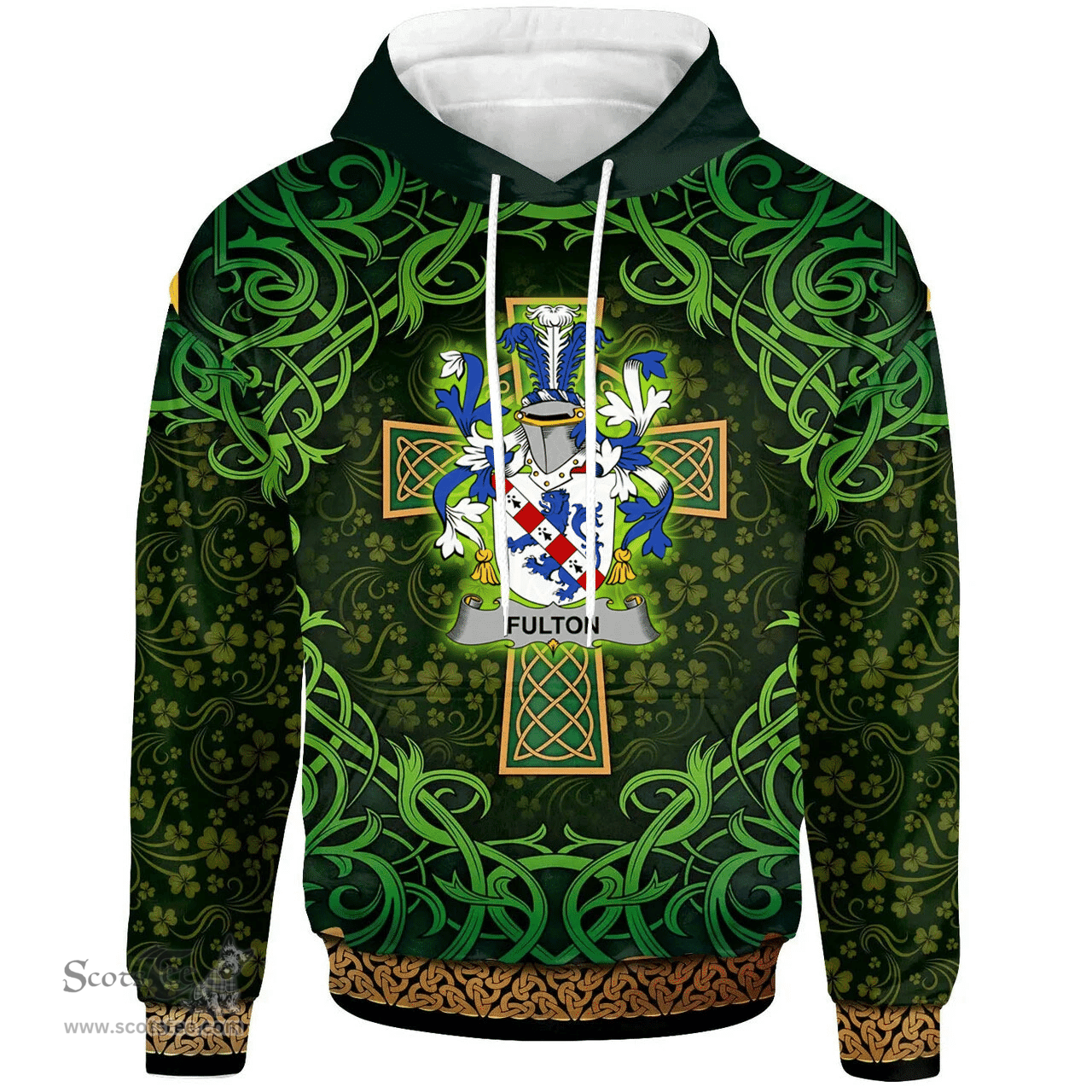 ScotsTee Shop Irish Fulton Coat of Arms Family Crest Ireland Hoodie Celtic Cross Shamrock Patterns