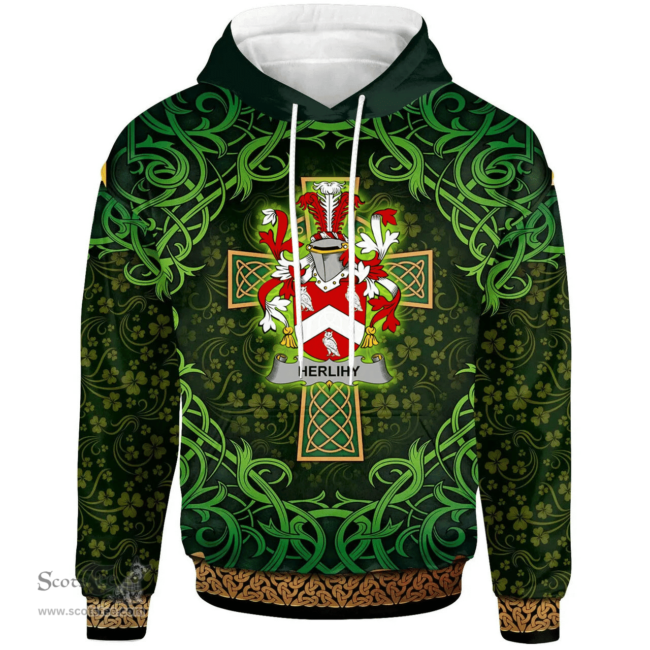 ScotsTee Shop Irish Herlihy or O'Herlihy Coat of Arms Family Crest Ireland Hoodie Celtic Cross Shamrock Patterns