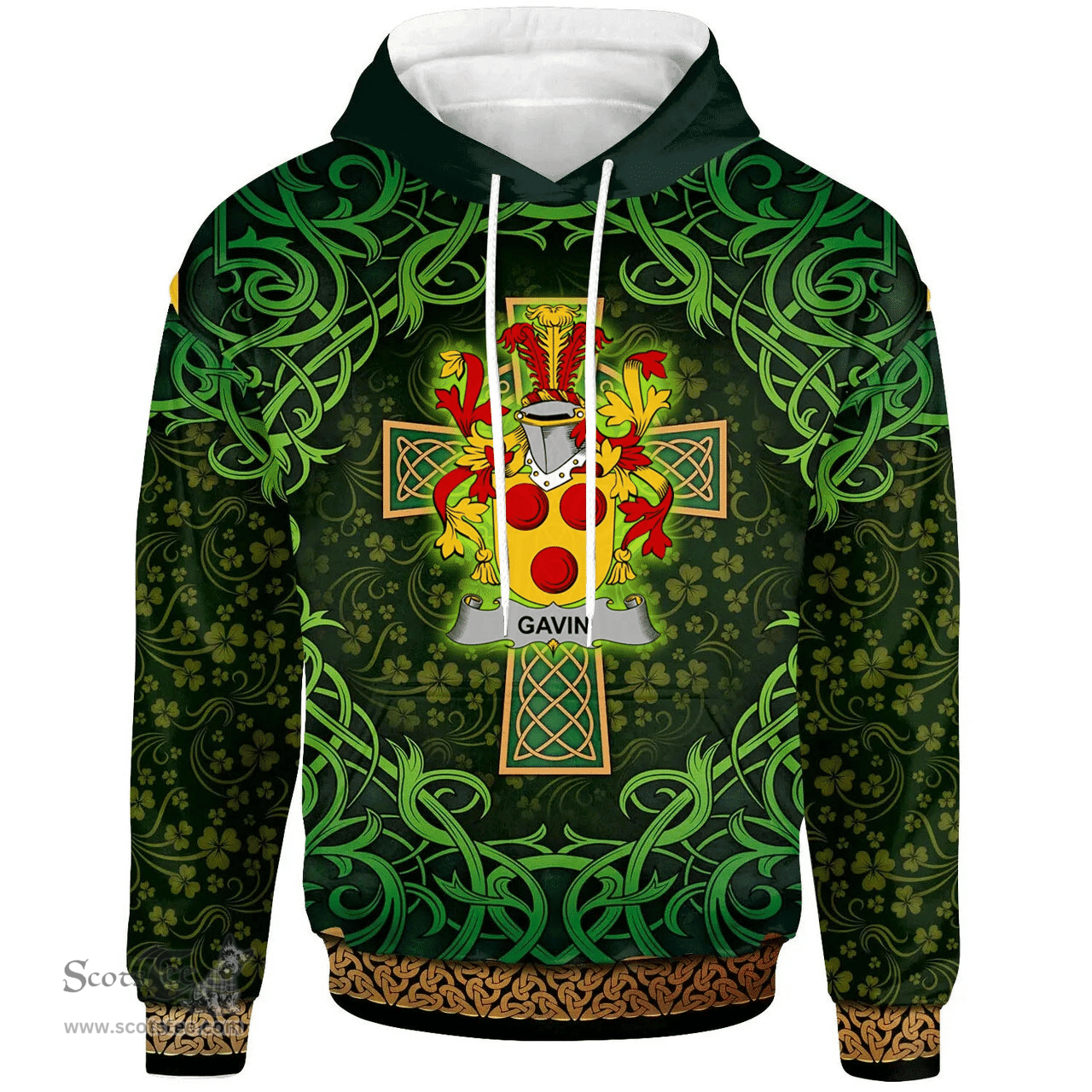 ScotsTee Shop Irish Gavin or O'Gavan Coat of Arms Family Crest Ireland Hoodie Celtic Cross Shamrock Patterns
