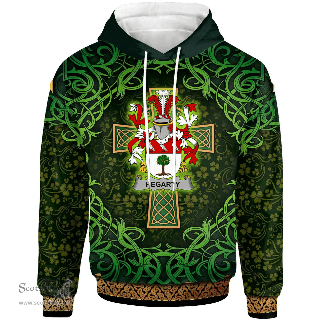 ScotsTee Shop Irish Hegarty or O'Hagerty Coat of Arms Family Crest Ireland Hoodie Celtic Cross Shamrock Patterns