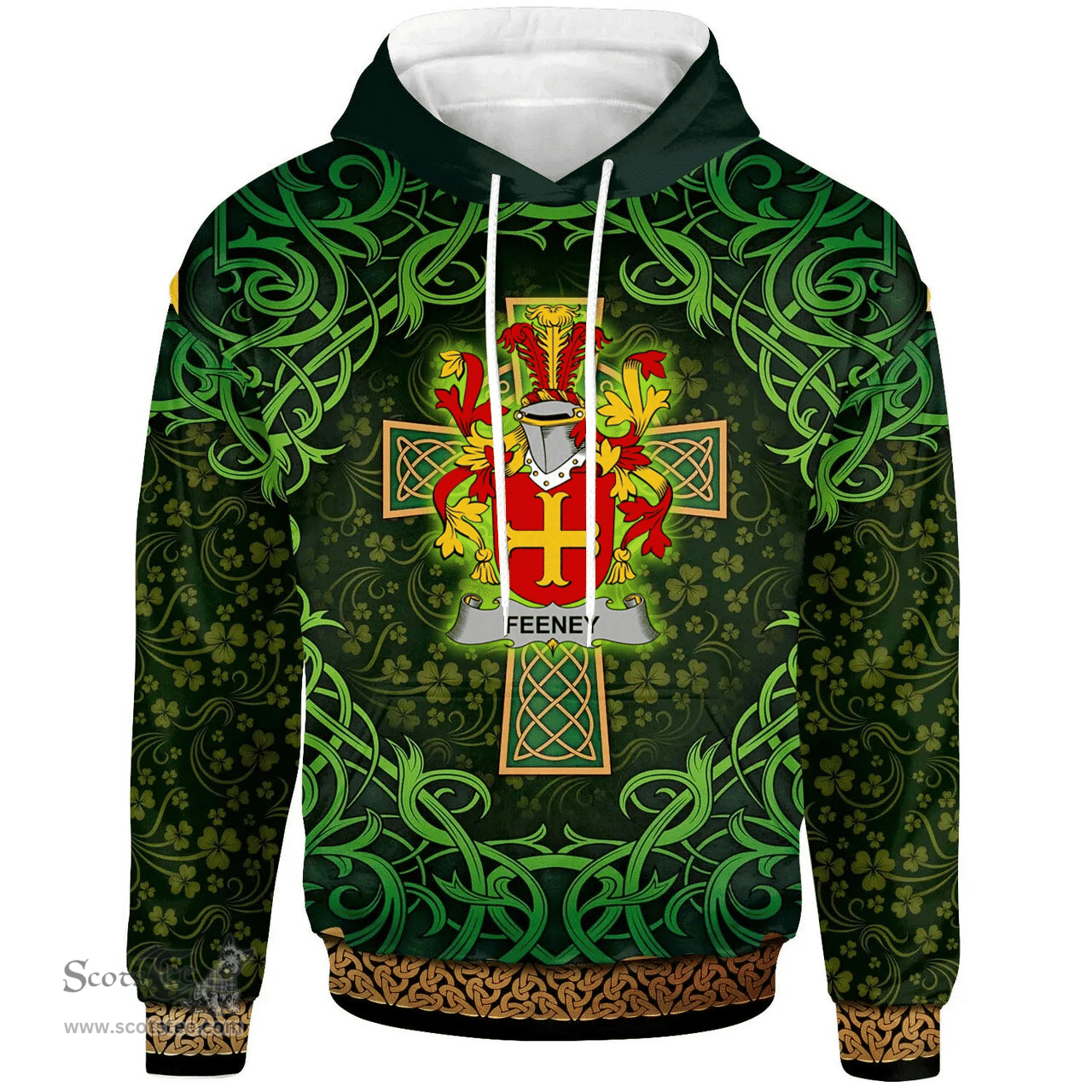 ScotsTee Shop Irish Feeney or O'Feney Coat of Arms Family Crest Ireland Hoodie Celtic Cross Shamrock Patterns