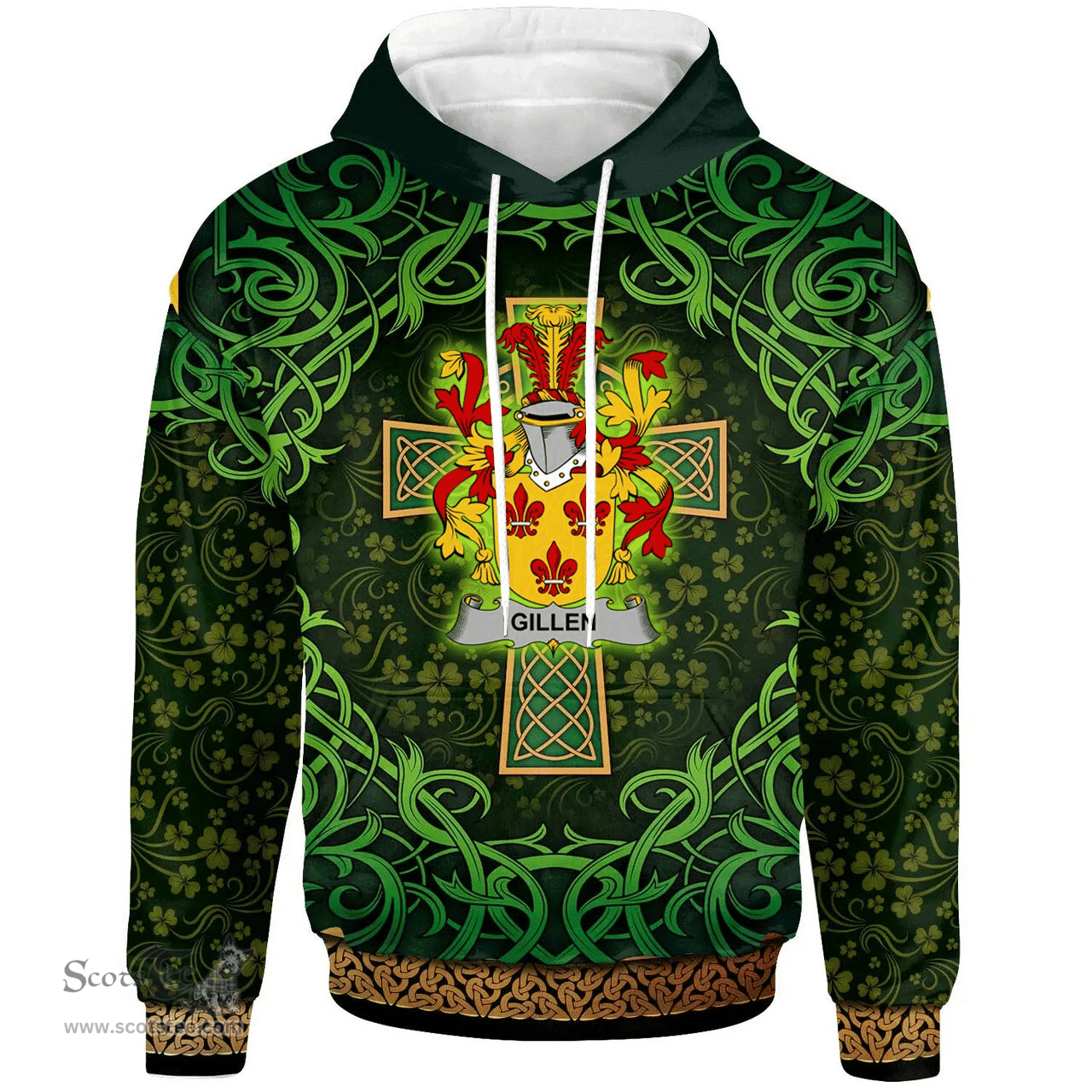 ScotsTee Shop Irish Gillen or O'Gillen Coat of Arms Family Crest Ireland Hoodie Celtic Cross Shamrock Patterns