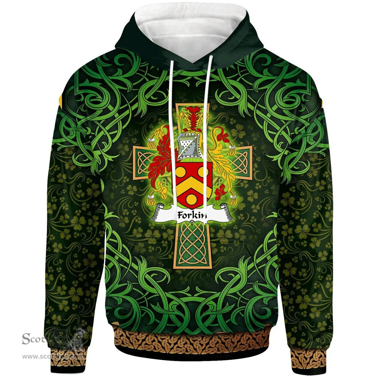ScotsTee Shop Irish Forkin Coat of Arms Family Crest Ireland Hoodie Celtic Cross Shamrock Patterns