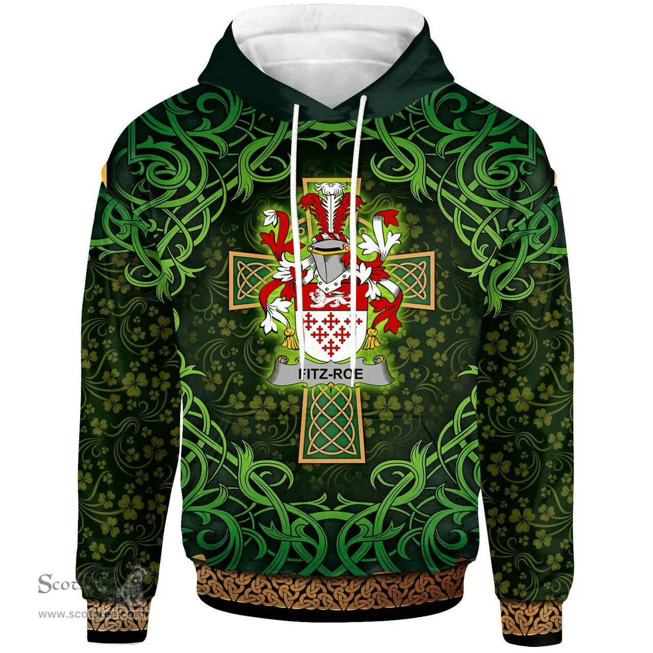 ScotsTee Shop Irish Fitz-Roe Coat of Arms Family Crest Ireland Hoodie Celtic Cross Shamrock Patterns