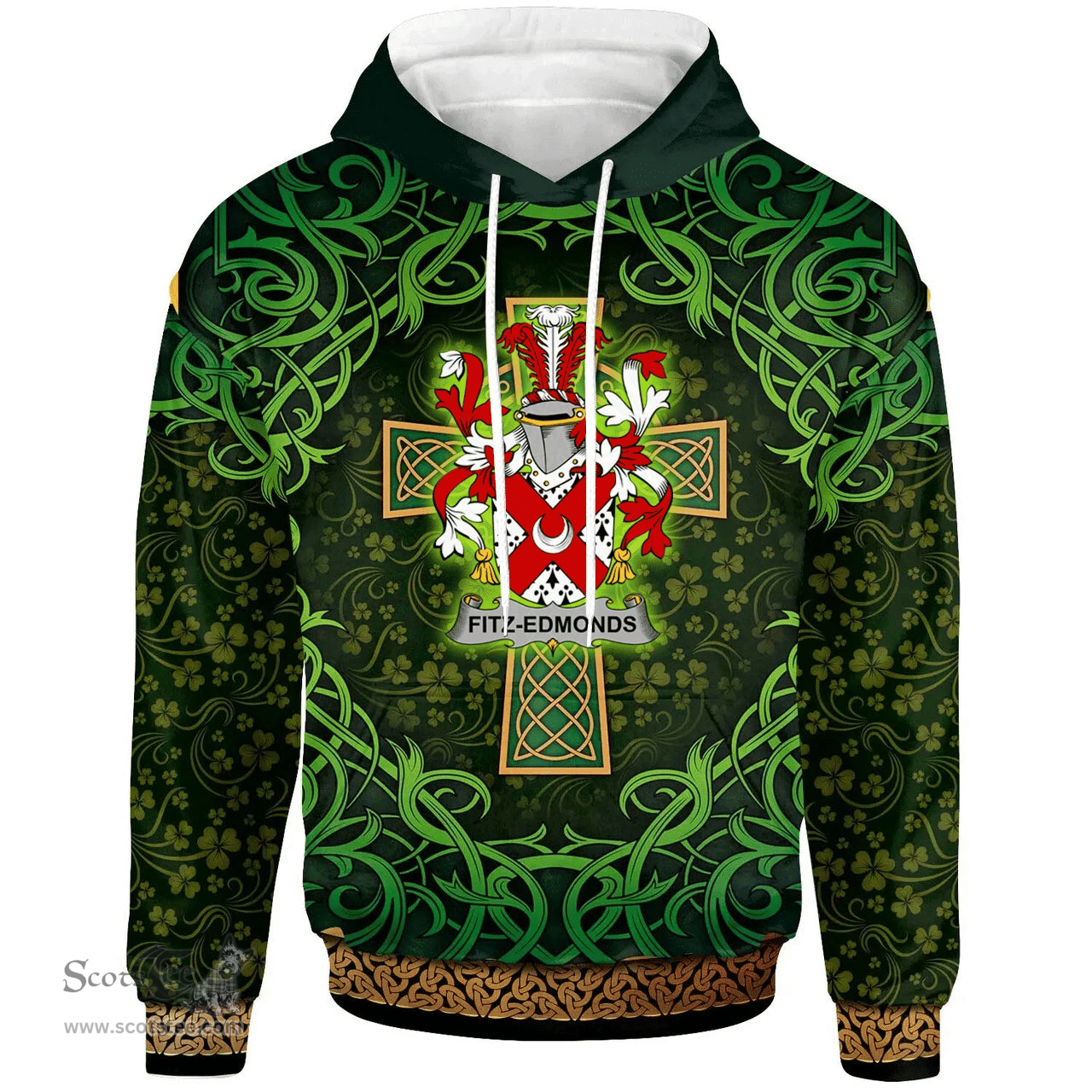 ScotsTee Shop Irish Fitz-Edmonds Coat of Arms Family Crest Ireland Hoodie Celtic Cross Shamrock Patterns