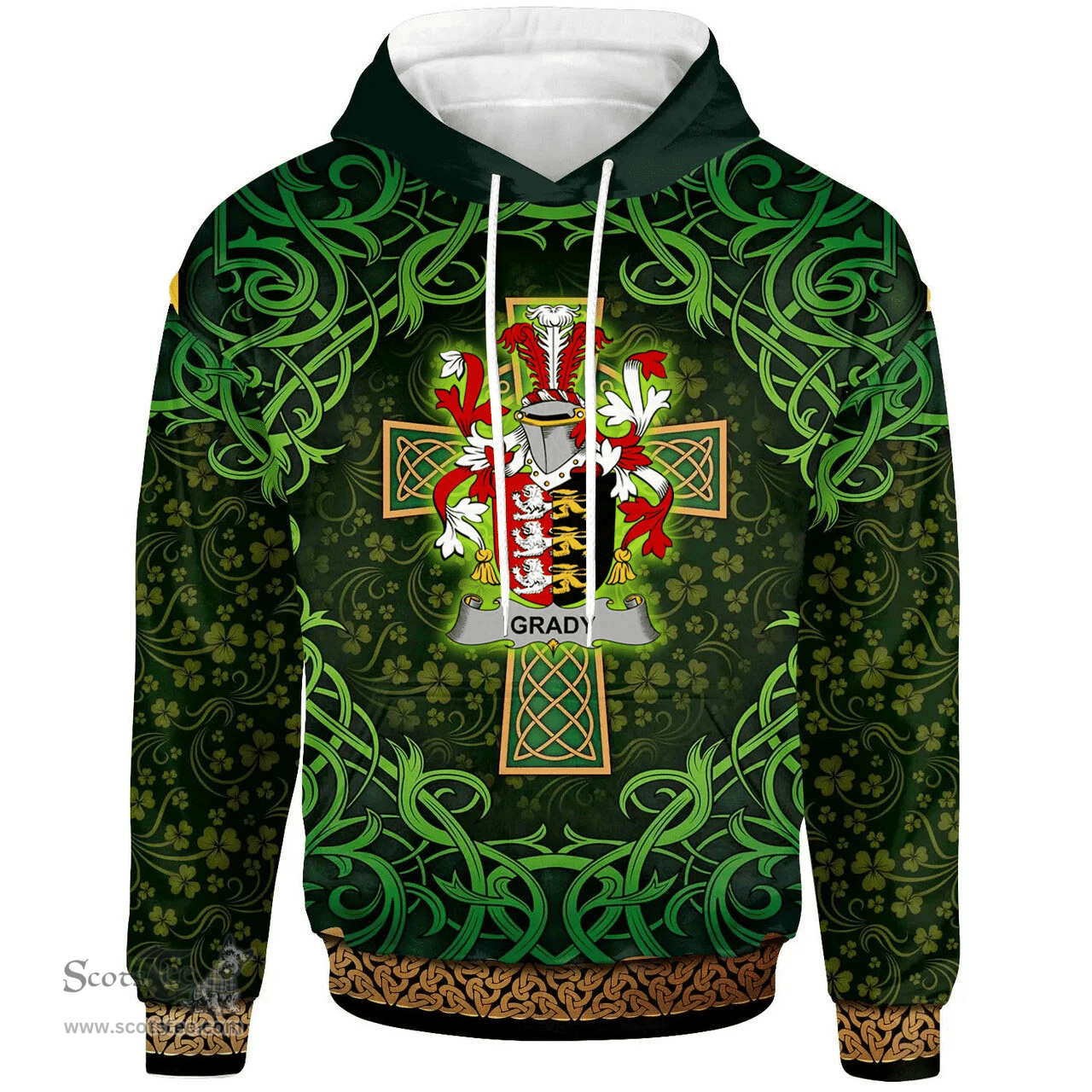 ScotsTee Shop Irish Grady or O'Grady Coat of Arms Family Crest Ireland Hoodie Celtic Cross Shamrock Patterns