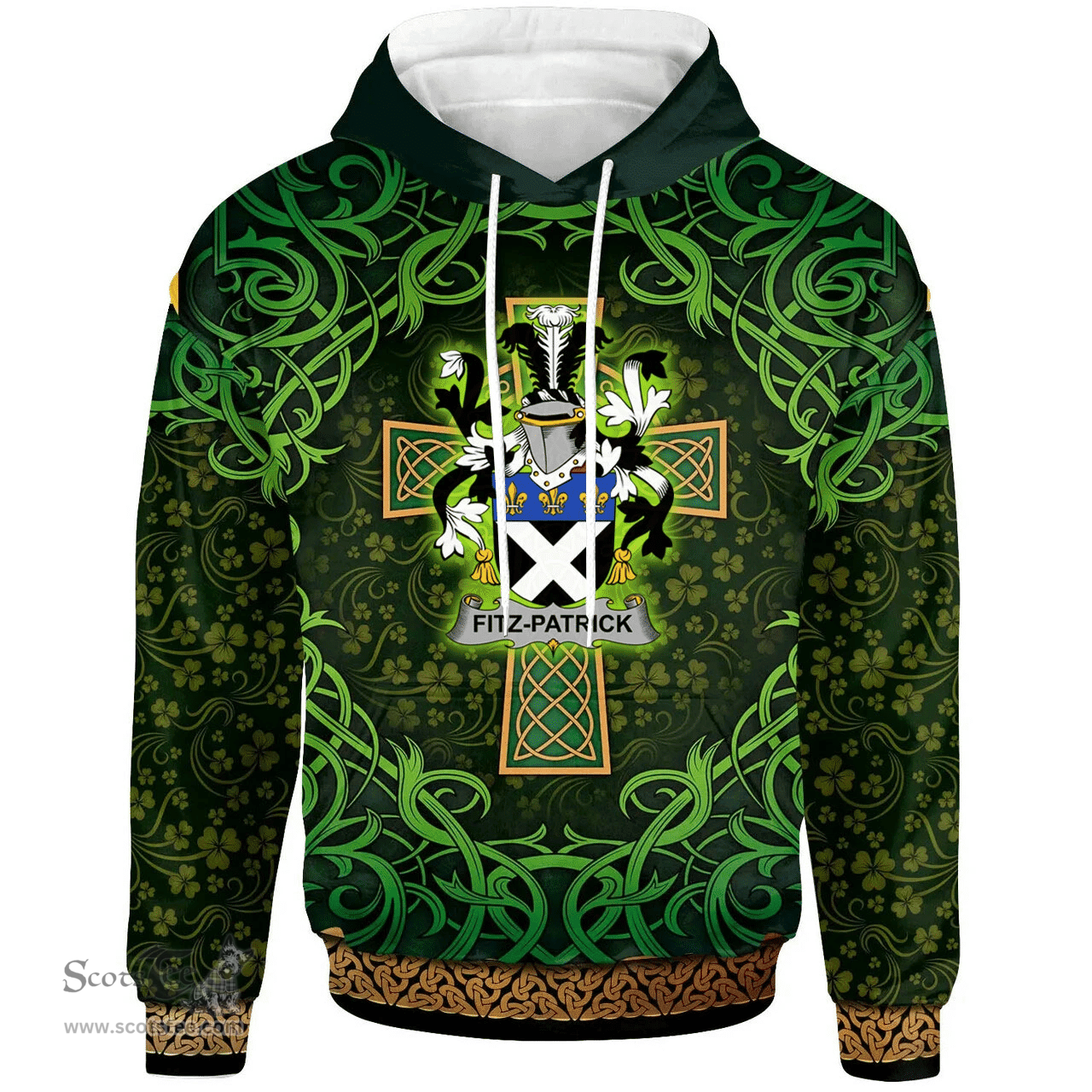 ScotsTee Shop Irish Fitz-Patrick Coat of Arms Family Crest Ireland Hoodie Celtic Cross Shamrock Patterns