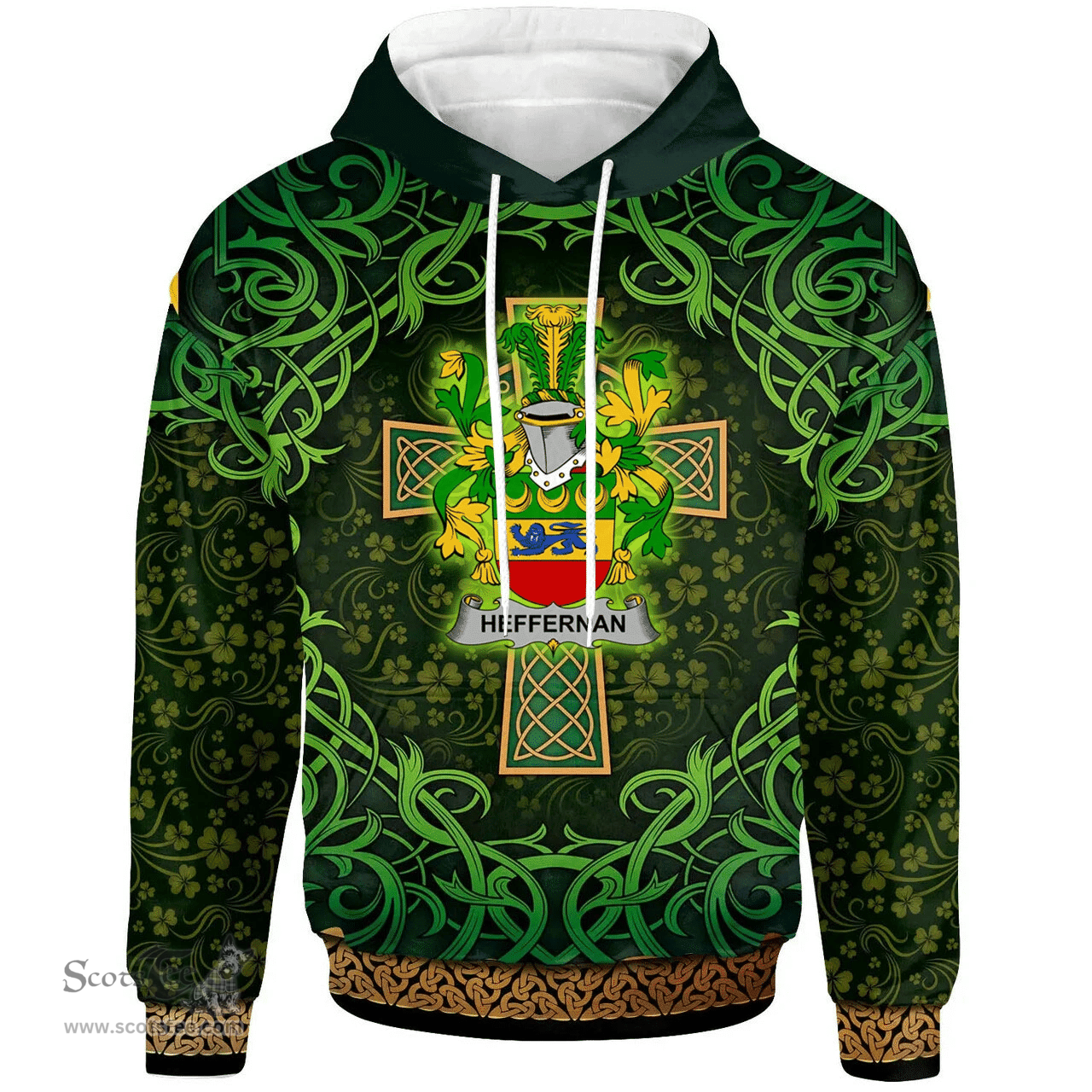 ScotsTee Shop Irish Heffernan or O'Heffernan Coat of Arms Family Crest Ireland Hoodie Celtic Cross Shamrock Patterns