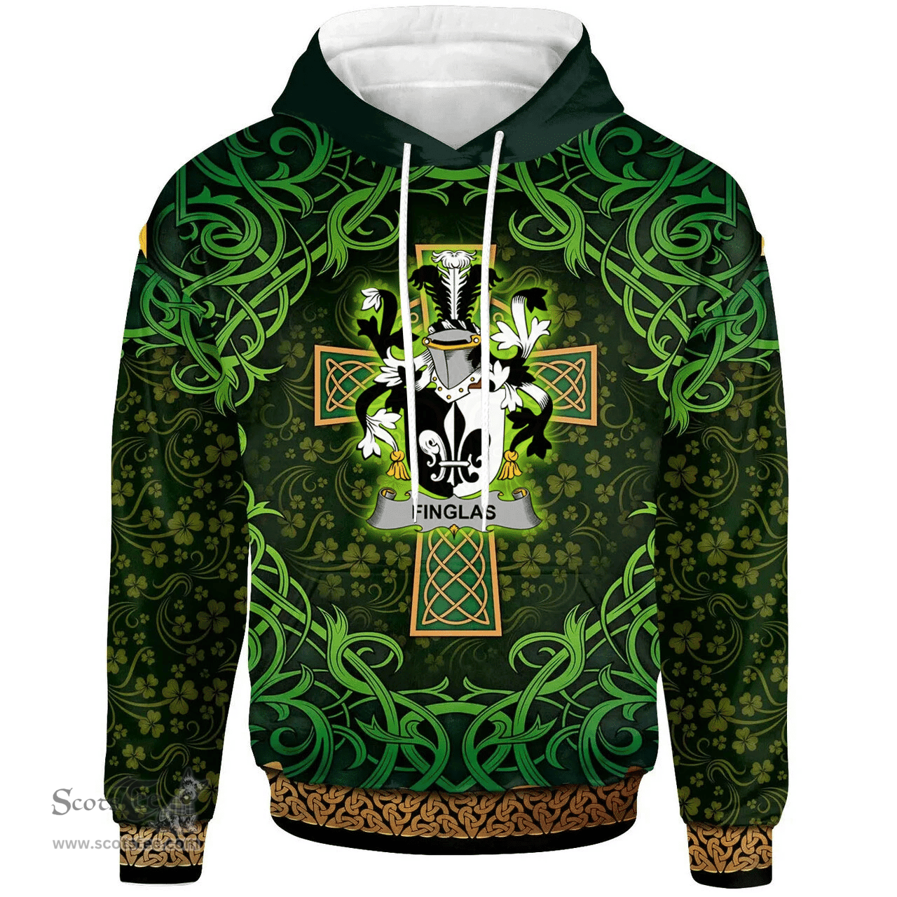 ScotsTee Shop Irish Finglas Coat of Arms Family Crest Ireland Hoodie Celtic Cross Shamrock Patterns