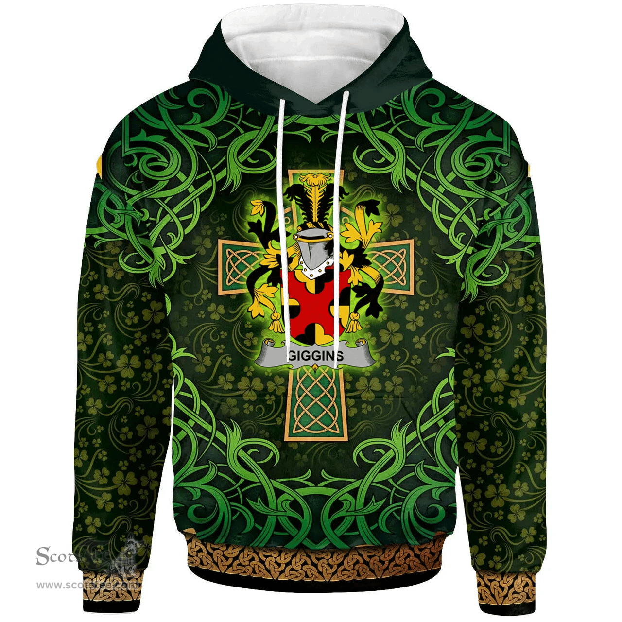 ScotsTee Shop Irish Giggins Coat of Arms Family Crest Ireland Hoodie Celtic Cross Shamrock Patterns