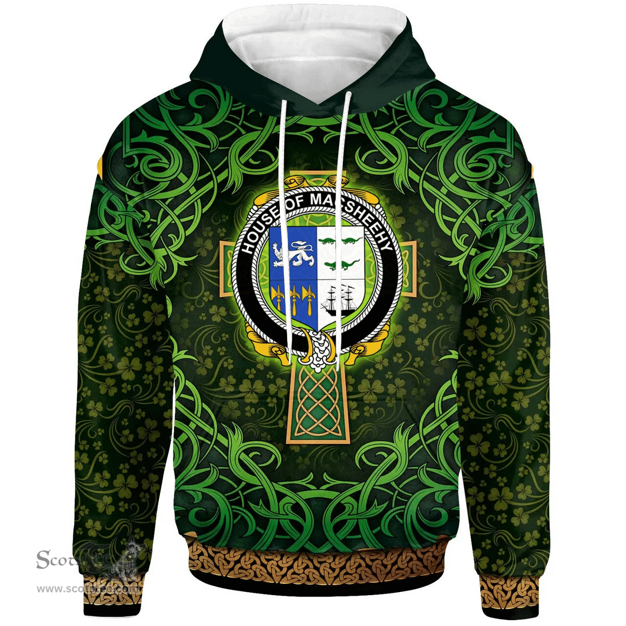 ScotsTee Shop Irish House of MACSHEEHY Coat of Arms Family Crest Ireland Hoodie Celtic Cross Shamrock Patterns