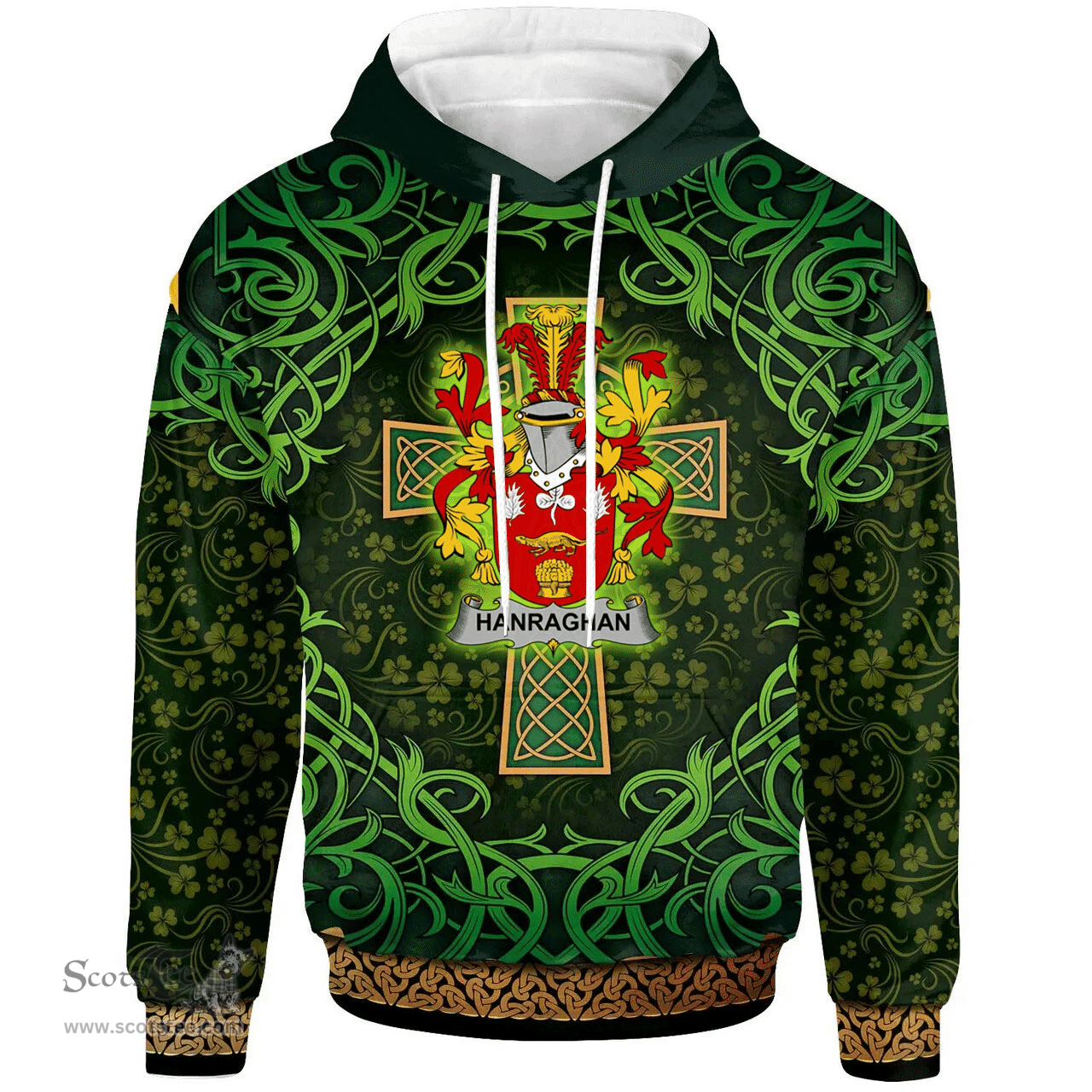ScotsTee Shop Irish Hanraghan or O'Hanraghan Coat of Arms Family Crest Ireland Hoodie Celtic Cross Shamrock Patterns
