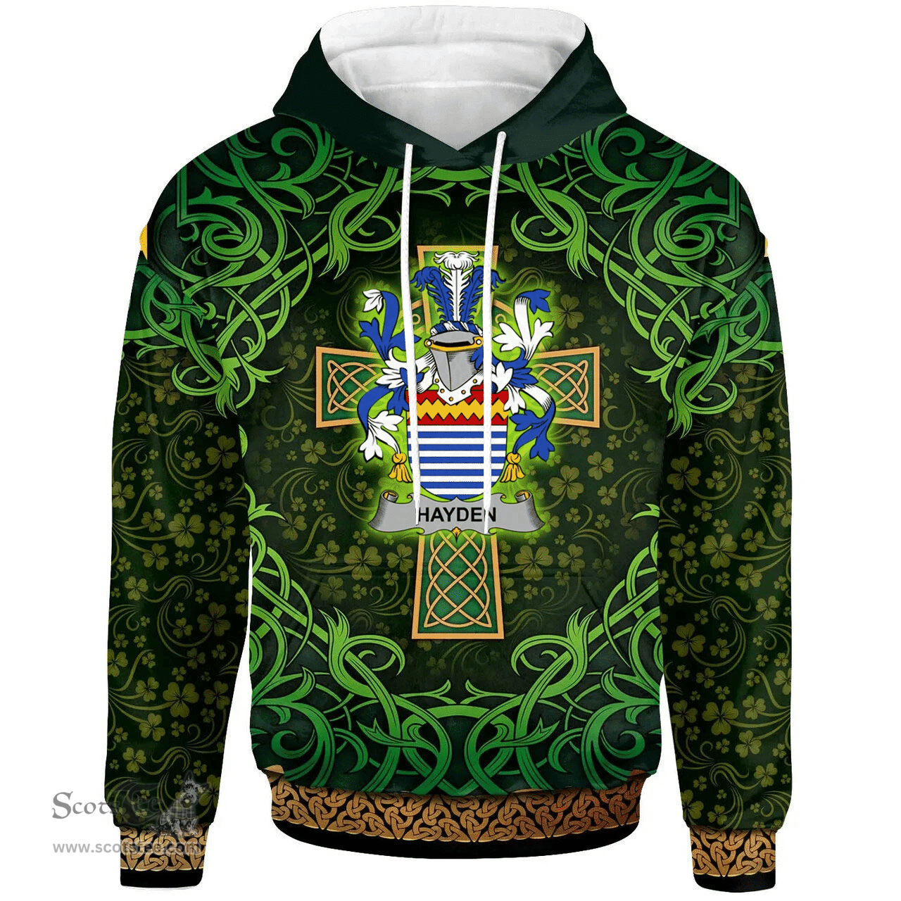 ScotsTee Shop Irish Hayden or O'Hayden Coat of Arms Family Crest Ireland Hoodie Celtic Cross Shamrock Patterns