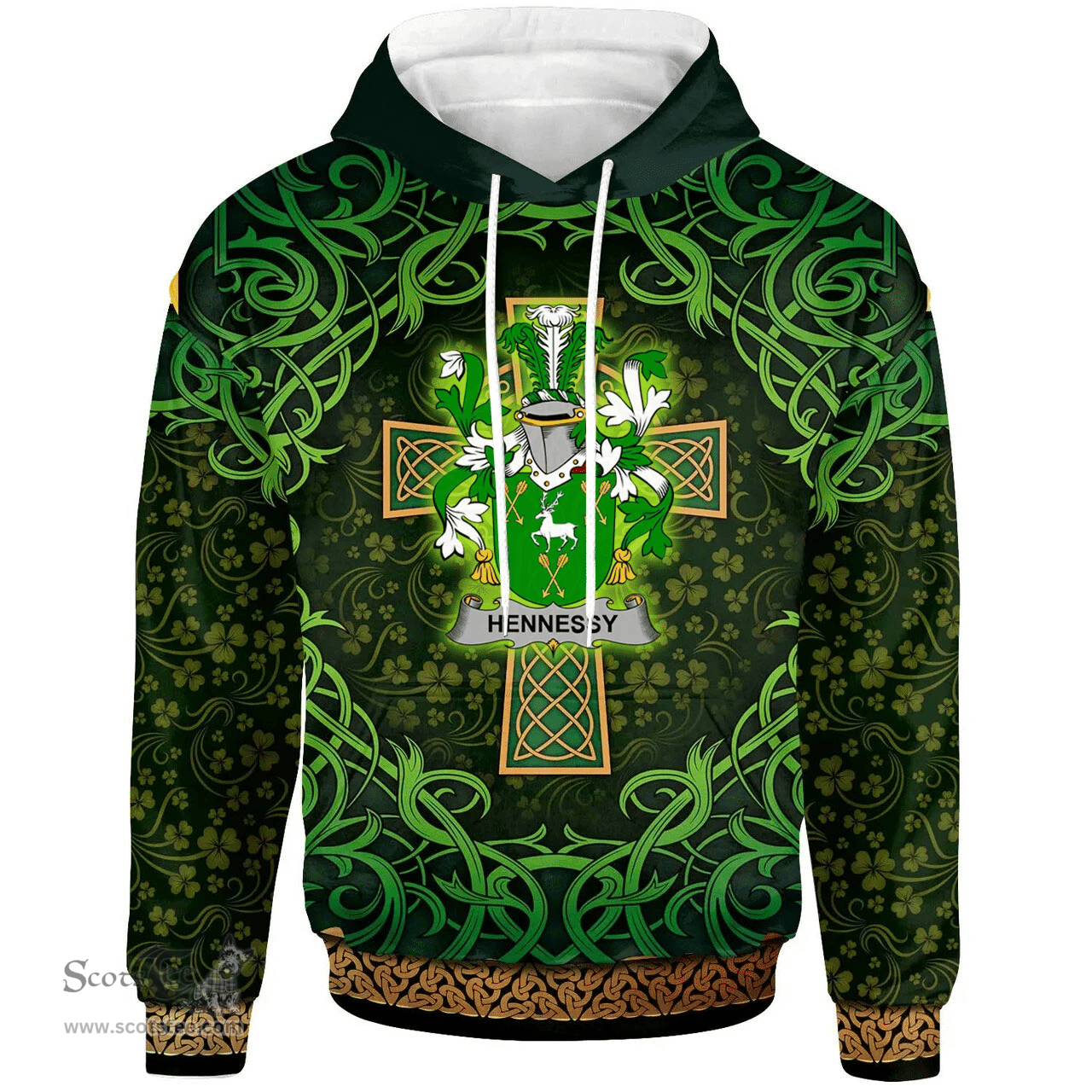 ScotsTee Shop Irish Hennessy or O'Hennessy Coat of Arms Family Crest Ireland Hoodie Celtic Cross Shamrock Patterns