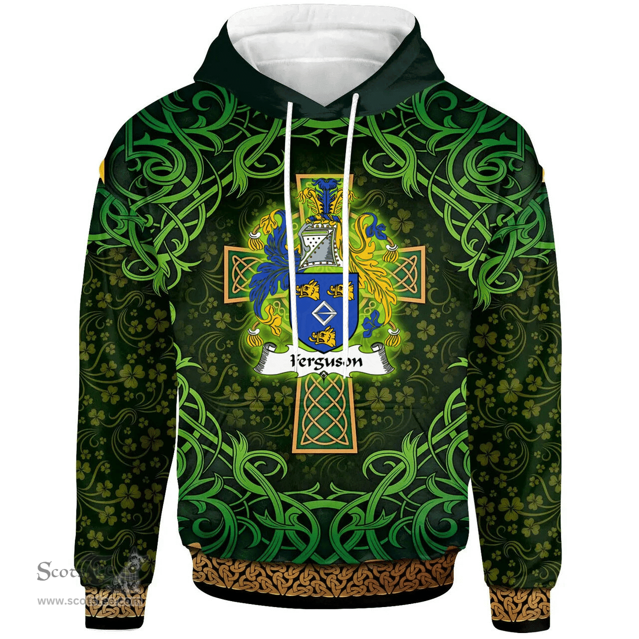ScotsTee Shop Irish Ferguson Coat of Arms Family Crest Ireland Hoodie Celtic Cross Shamrock Patterns