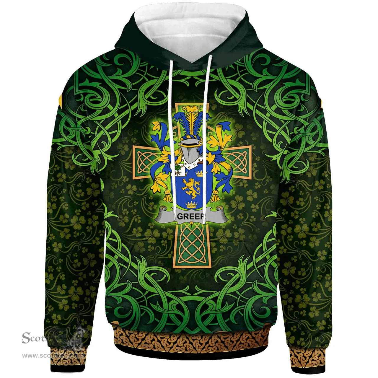 ScotsTee Shop Irish Greer Coat of Arms Family Crest Ireland Hoodie Celtic Cross Shamrock Patterns