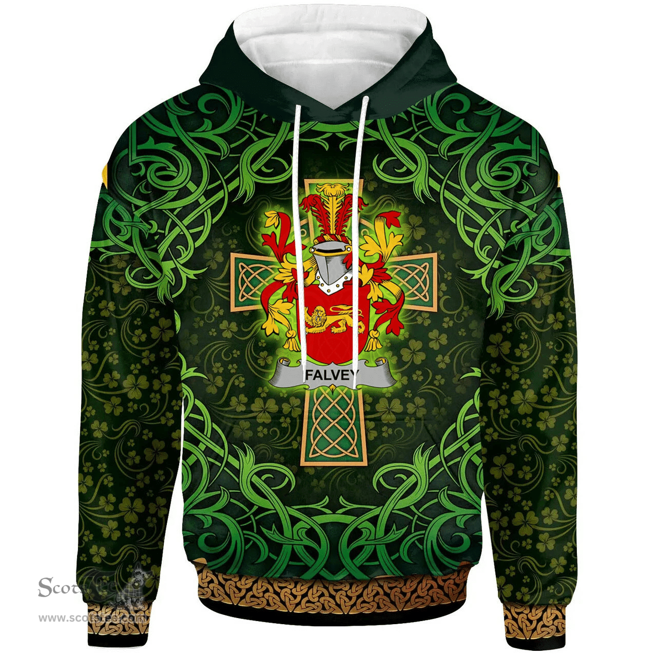 ScotsTee Shop Irish Falvey or O'Falvey Coat of Arms Family Crest Ireland Hoodie Celtic Cross Shamrock Patterns