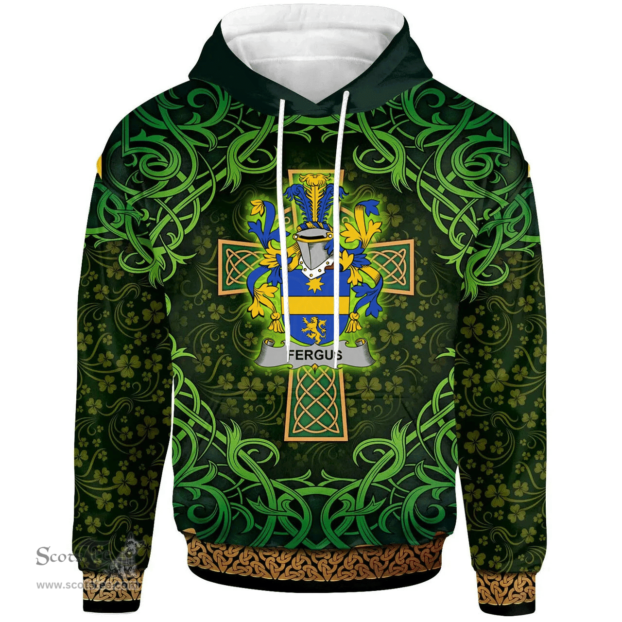 ScotsTee Shop Irish Fergus or O'Fearghus Coat of Arms Family Crest Ireland Hoodie Celtic Cross Shamrock Patterns
