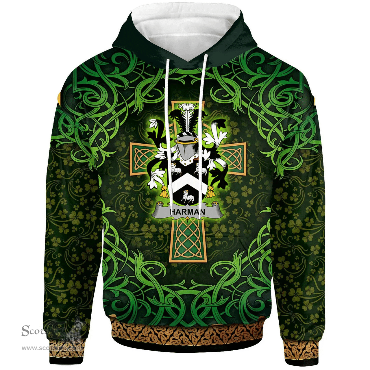 ScotsTee Shop Irish Harman Coat of Arms Family Crest Ireland Hoodie Celtic Cross Shamrock Patterns