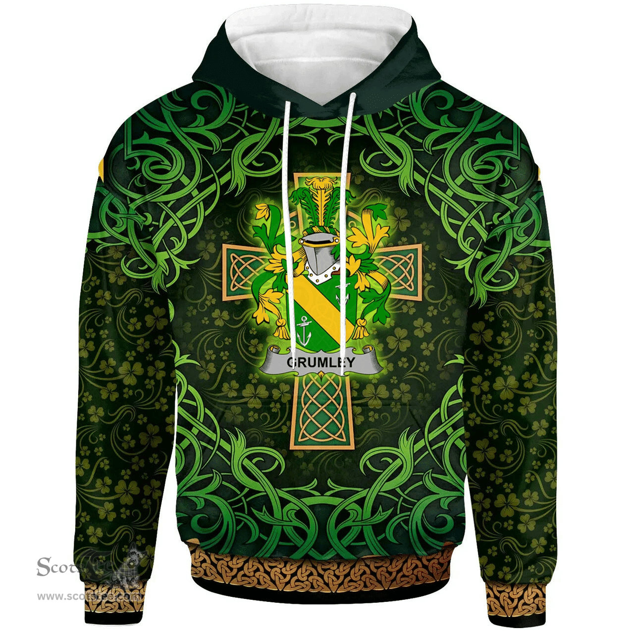ScotsTee Shop Irish Grumley Coat of Arms Family Crest Ireland Hoodie Celtic Cross Shamrock Patterns