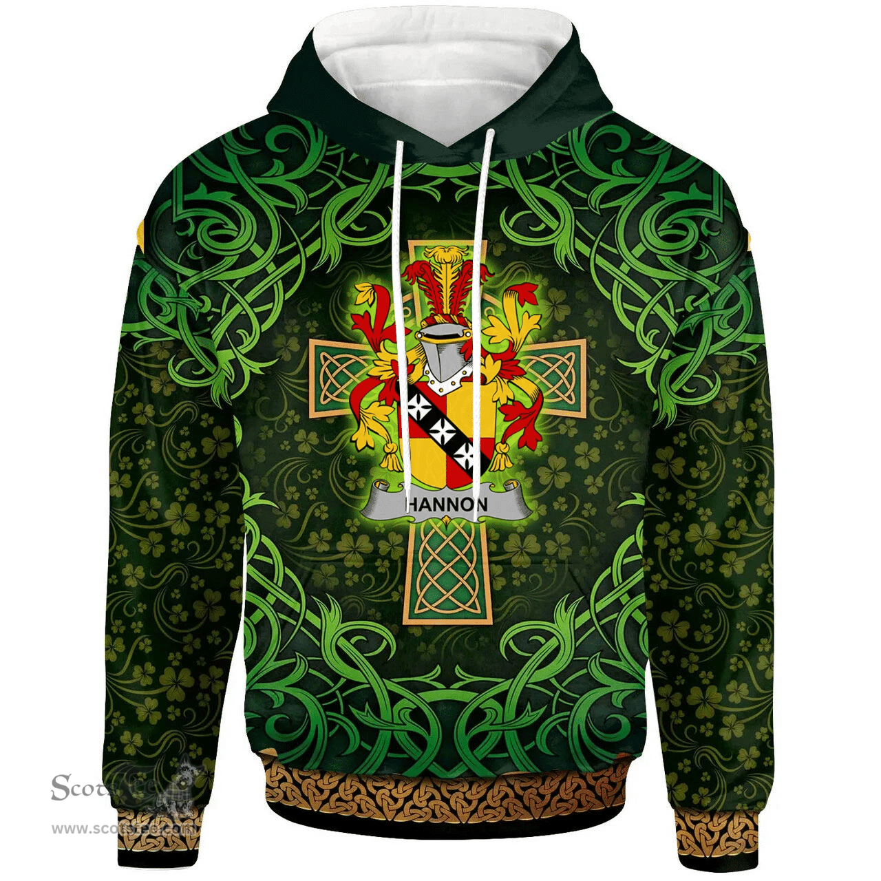 ScotsTee Shop Irish Hannon or O'Hannon Coat of Arms Family Crest Ireland Hoodie Celtic Cross Shamrock Patterns