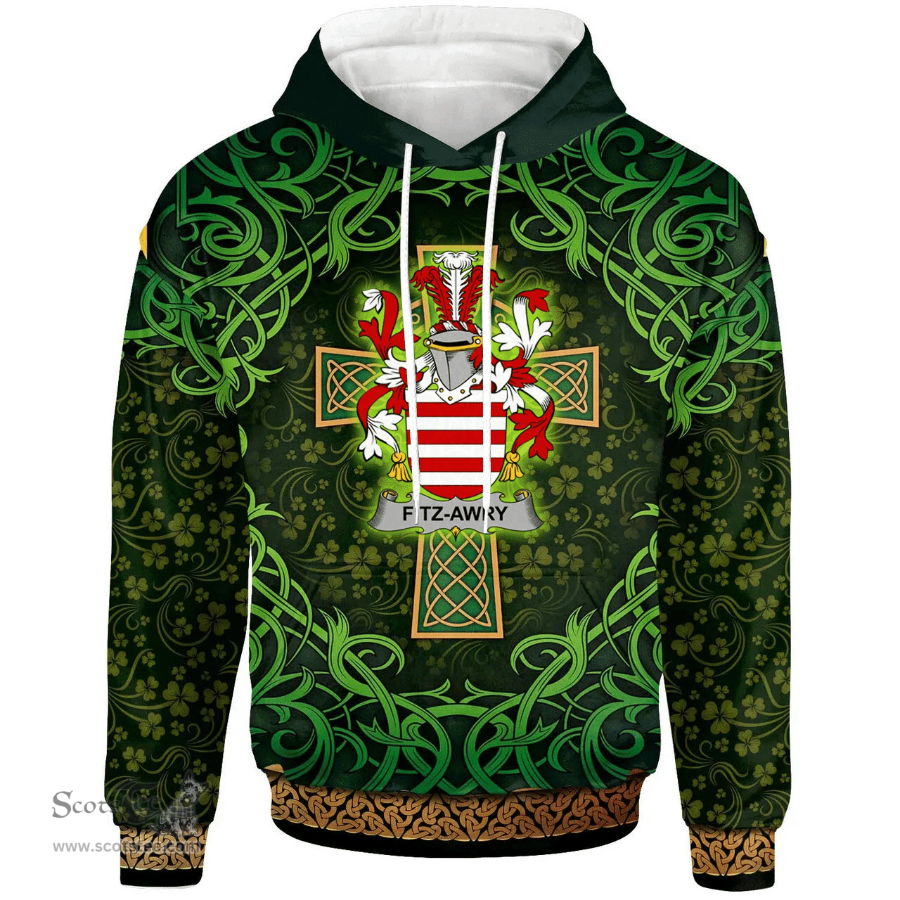 ScotsTee Shop Irish Fitz-Awry Coat of Arms Family Crest Ireland Hoodie Celtic Cross Shamrock Patterns