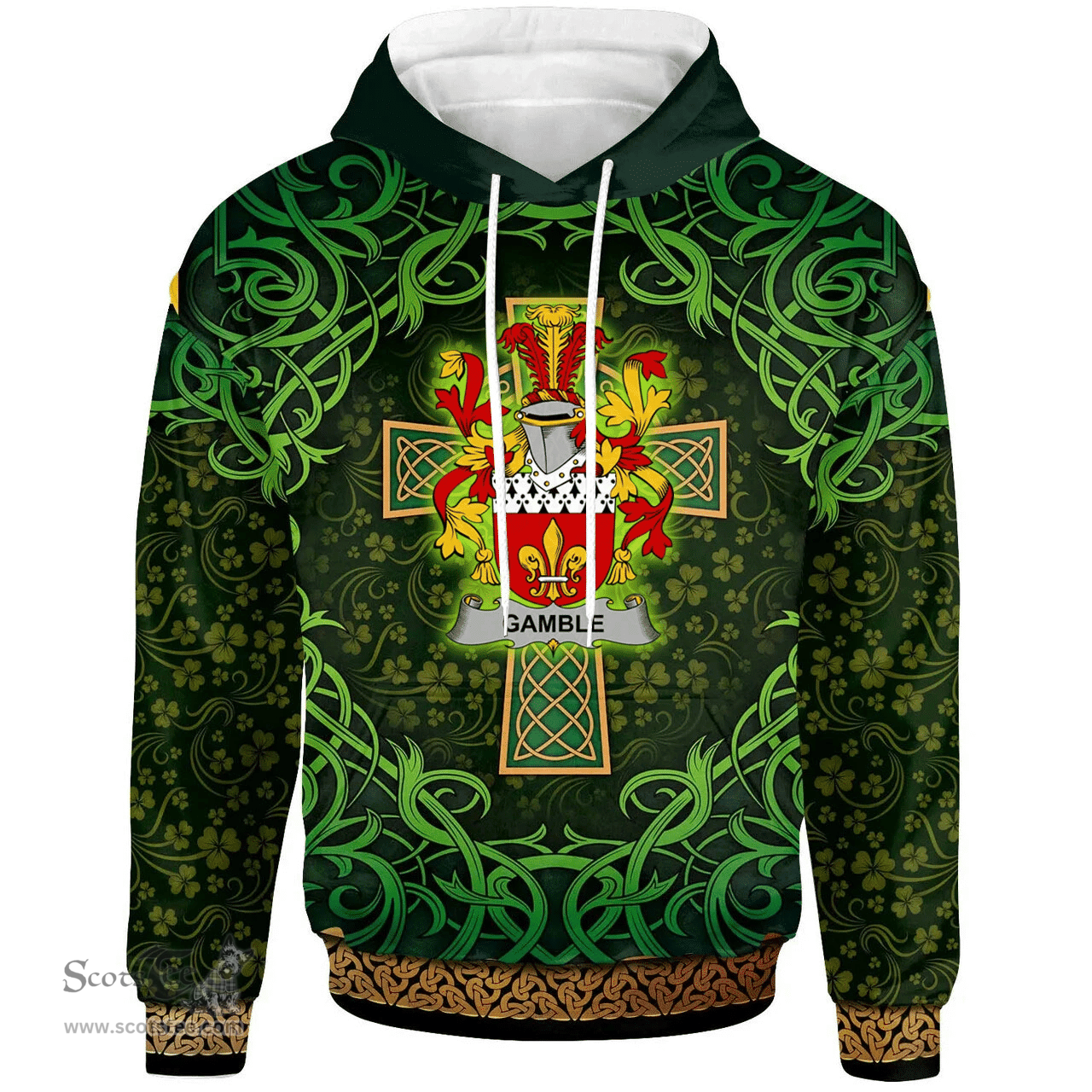 ScotsTee Shop Irish Gamble Coat of Arms Family Crest Ireland Hoodie Celtic Cross Shamrock Patterns