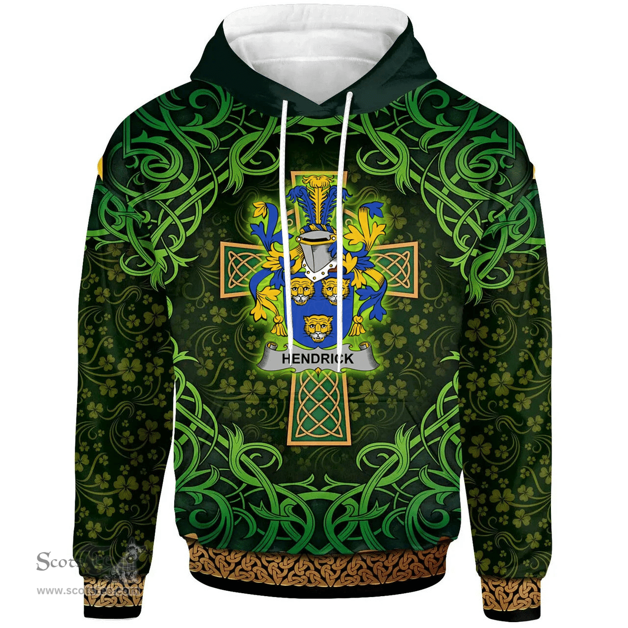 ScotsTee Shop Irish Hendrick or O'Henrick Coat of Arms Family Crest Ireland Hoodie Celtic Cross Shamrock Patterns