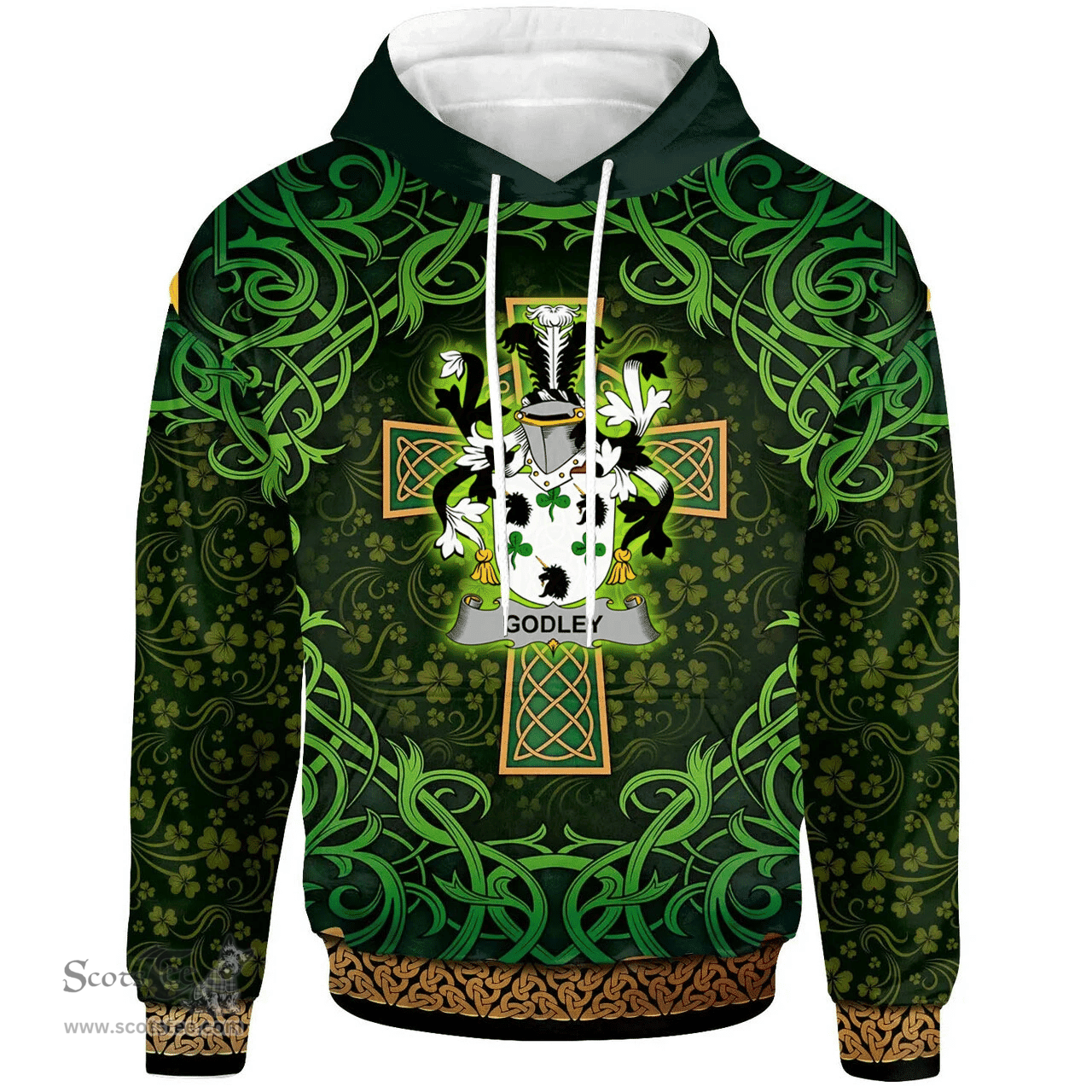 ScotsTee Shop Irish Godley Coat of Arms Family Crest Ireland Hoodie Celtic Cross Shamrock Patterns