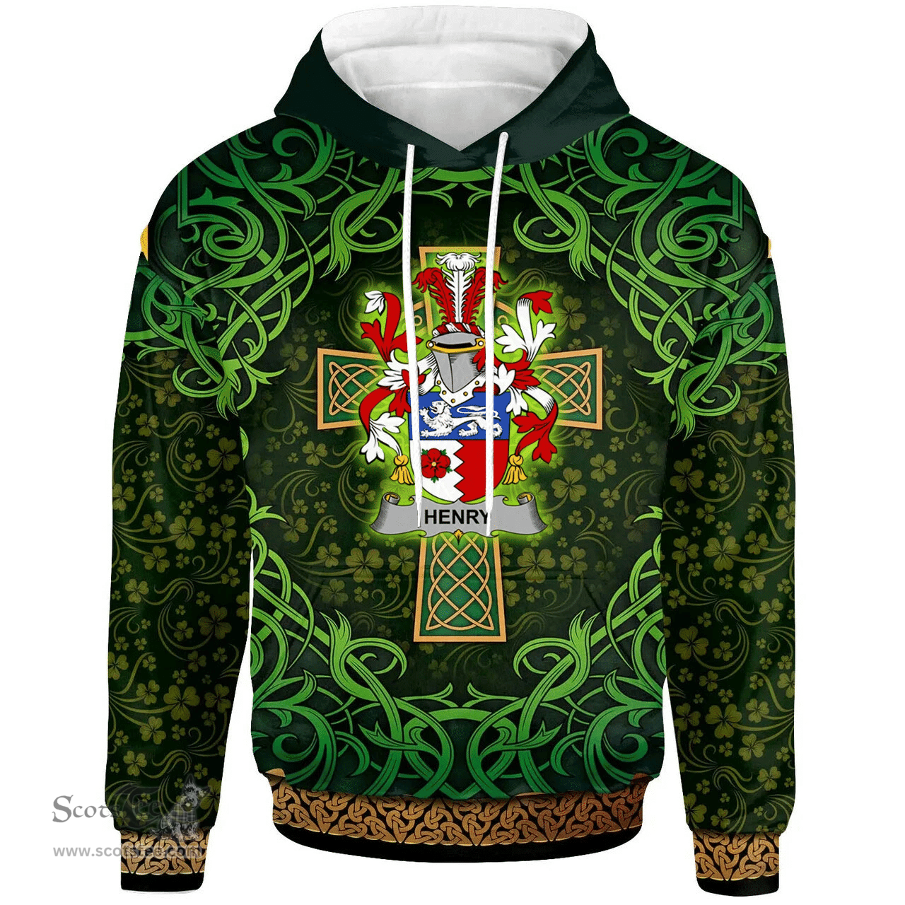 ScotsTee Shop Irish Henry or O'Henry Coat of Arms Family Crest Ireland Hoodie Celtic Cross Shamrock Patterns