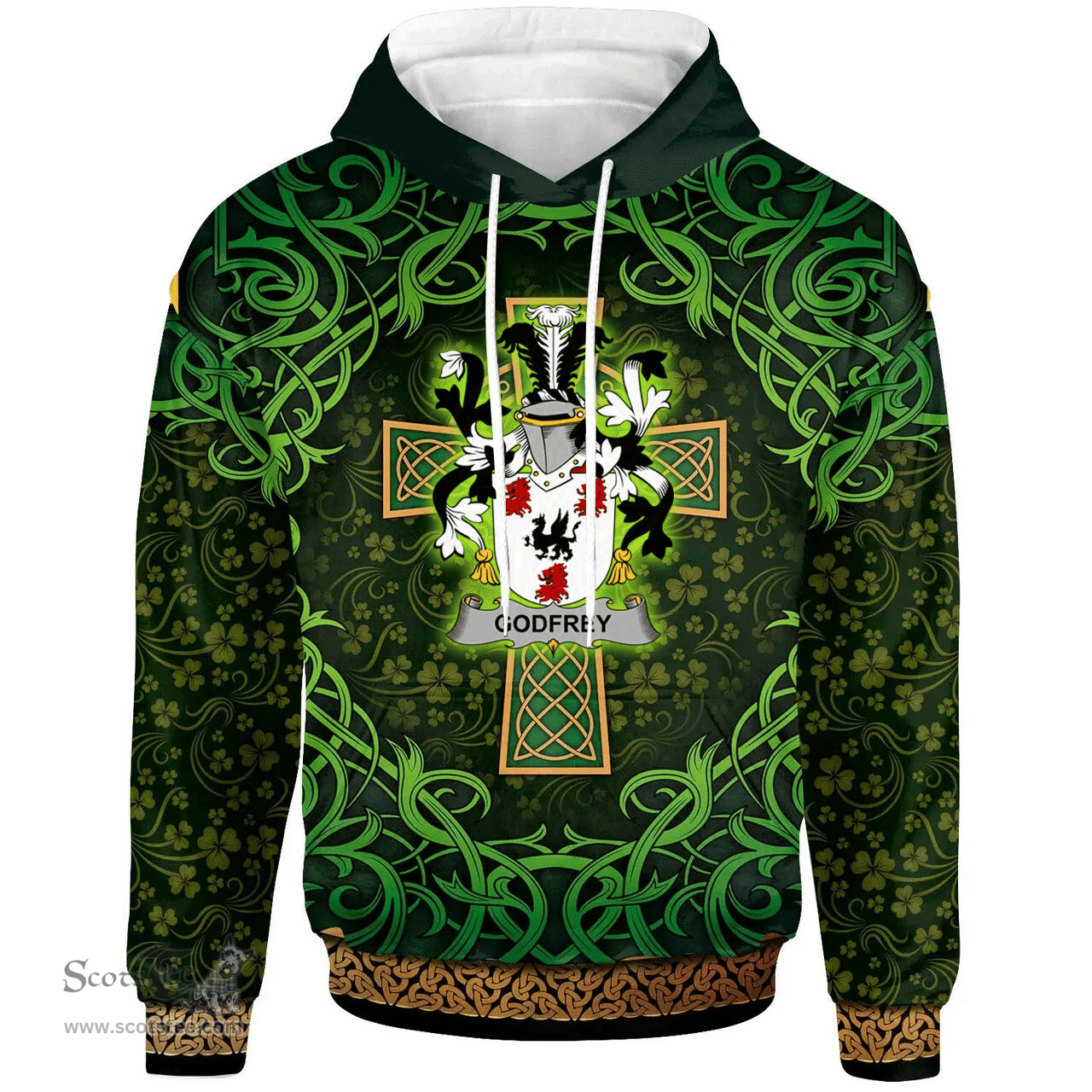 ScotsTee Shop Irish Godfrey (of Bushfield) Coat of Arms Family Crest Ireland Hoodie Celtic Cross Shamrock Patterns
