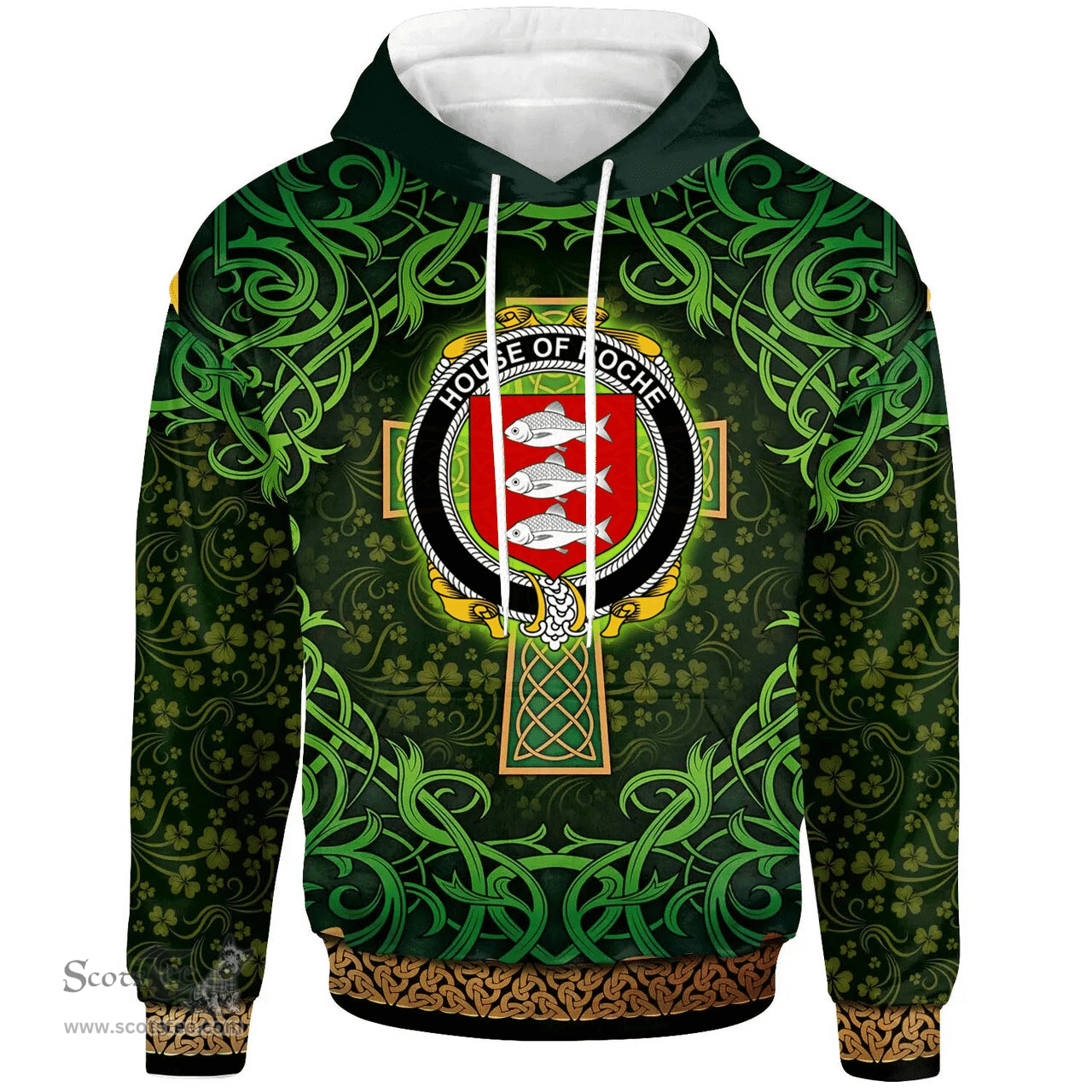 ScotsTee Shop Irish House of ROCHE Coat of Arms Family Crest Ireland Hoodie Celtic Cross Shamrock Patterns