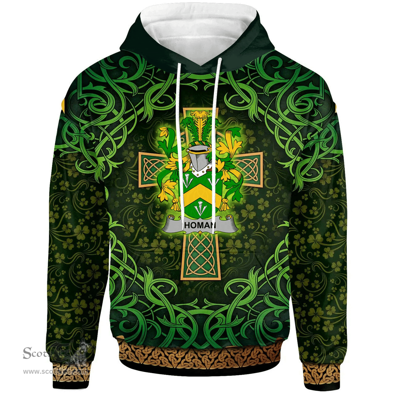 ScotsTee Shop Irish Homan or Howman Coat of Arms Family Crest Ireland Hoodie Celtic Cross Shamrock Patterns
