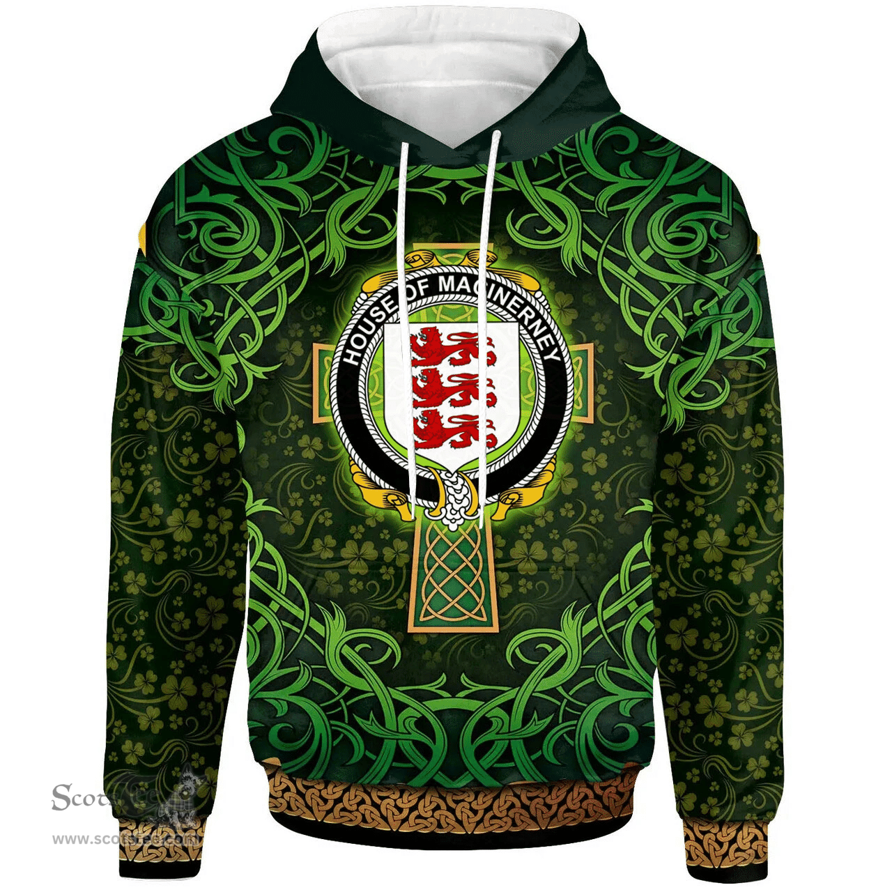 ScotsTee Shop Irish House of MACiNERNEY Coat of Arms Family Crest Ireland Hoodie Celtic Cross Shamrock Patterns