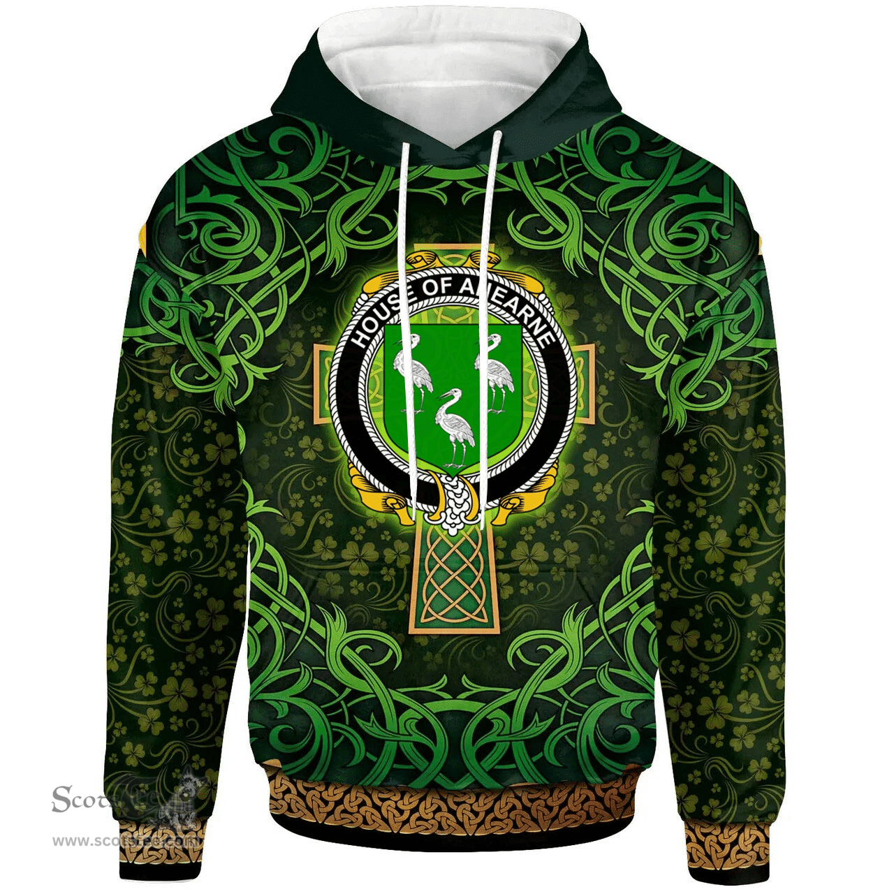 ScotsTee Shop Irish House of AHEARNE (Aherne) Coat of Arms Family Crest Ireland Hoodie Celtic Cross Shamrock Patterns