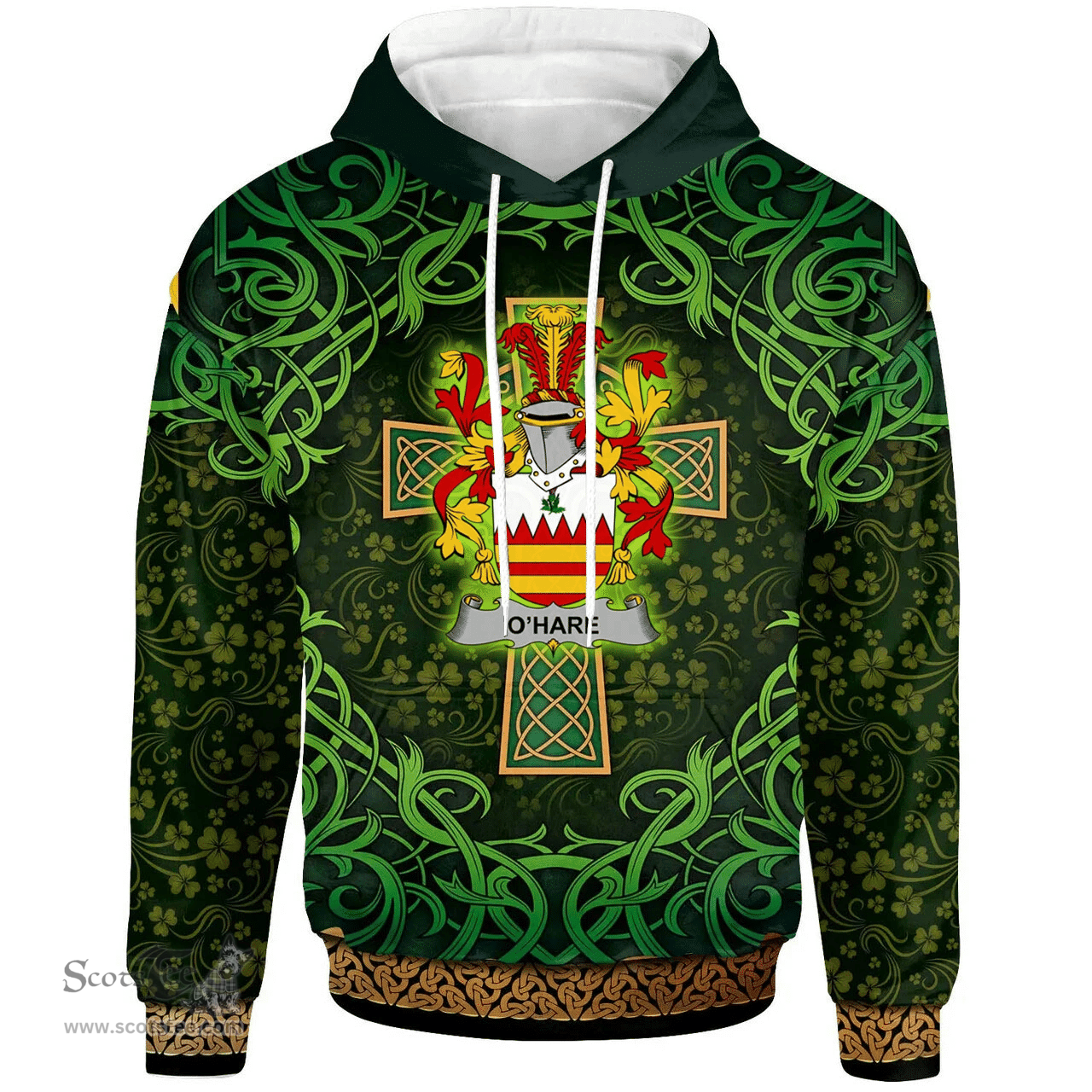 ScotsTee Shop Irish Hare or O'Hare Coat of Arms Family Crest Ireland Hoodie Celtic Cross Shamrock Patterns