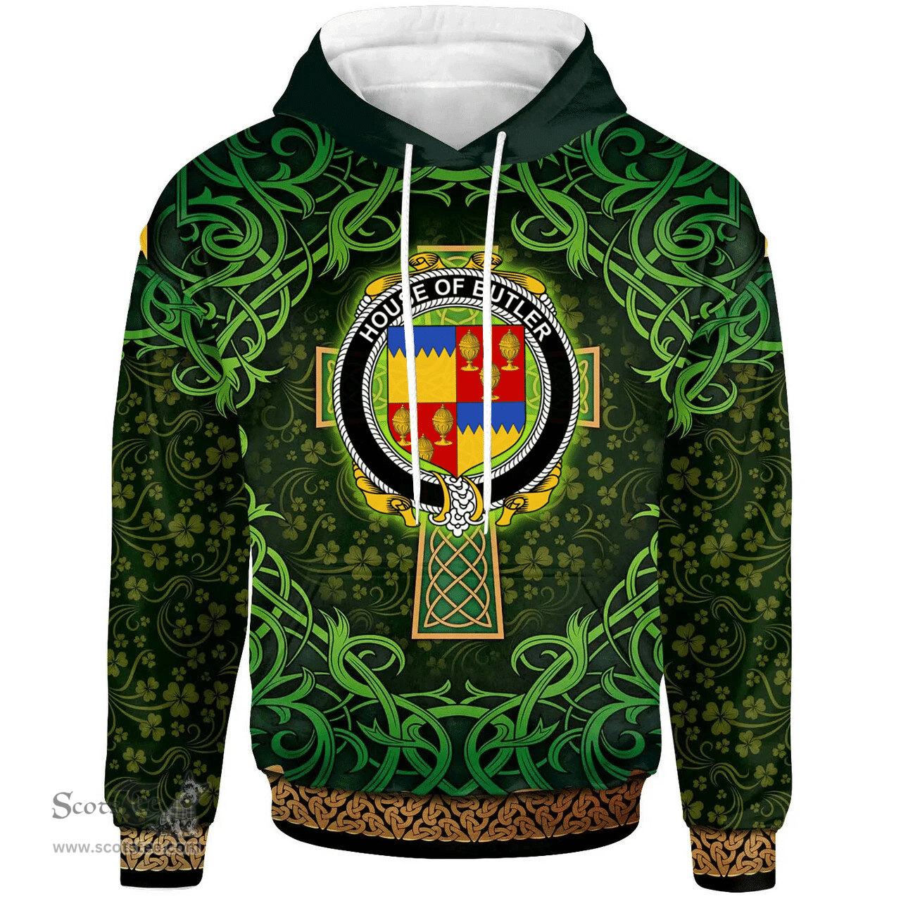 ScotsTee Shop Irish House of BUTLER Coat of Arms Family Crest Ireland Hoodie Celtic Cross Shamrock Patterns