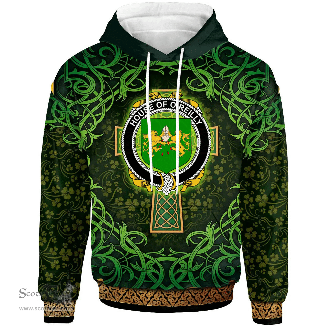 ScotsTee Shop Irish House of O'REILLY Coat of Arms Family Crest Ireland Hoodie Celtic Cross Shamrock Patterns