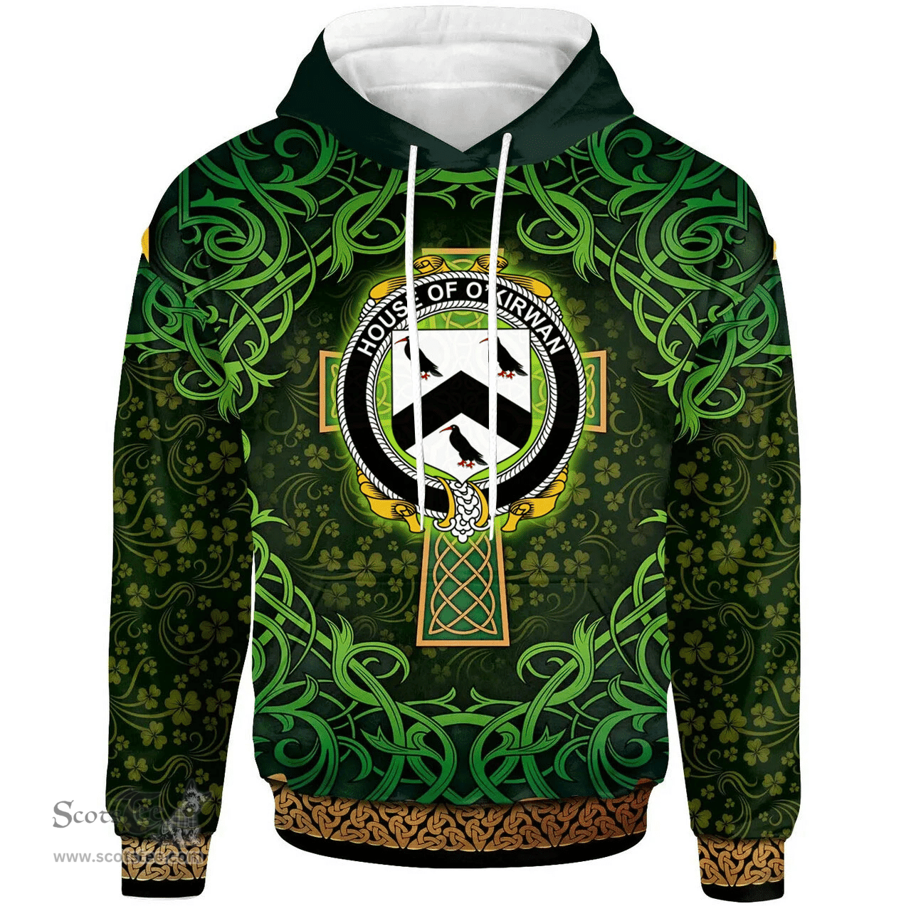 ScotsTee Shop Irish House of O'KIRWAN Coat of Arms Family Crest Ireland Hoodie Celtic Cross Shamrock Patterns