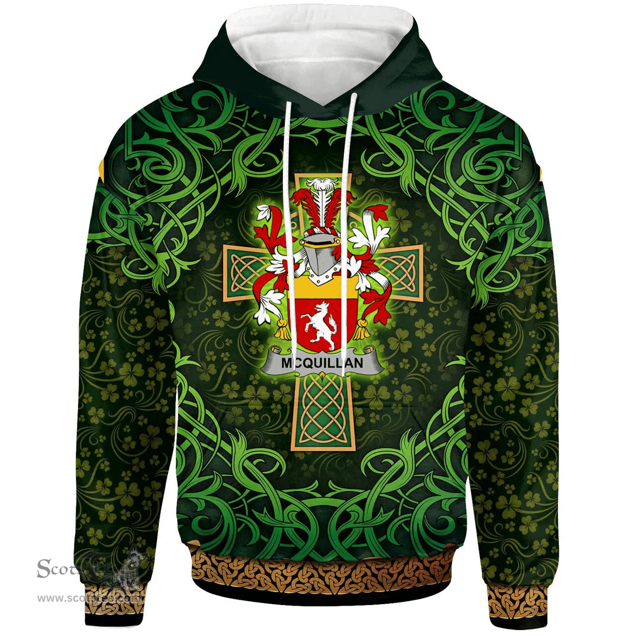 ScotsTee Shop Irish McQuillan Coat of Arms Family Crest Ireland Hoodie Celtic Cross Shamrock Patterns