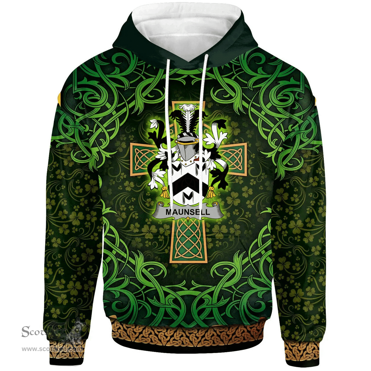 ScotsTee Shop Irish Maunsell Coat of Arms Family Crest Ireland Hoodie Celtic Cross Shamrock Patterns