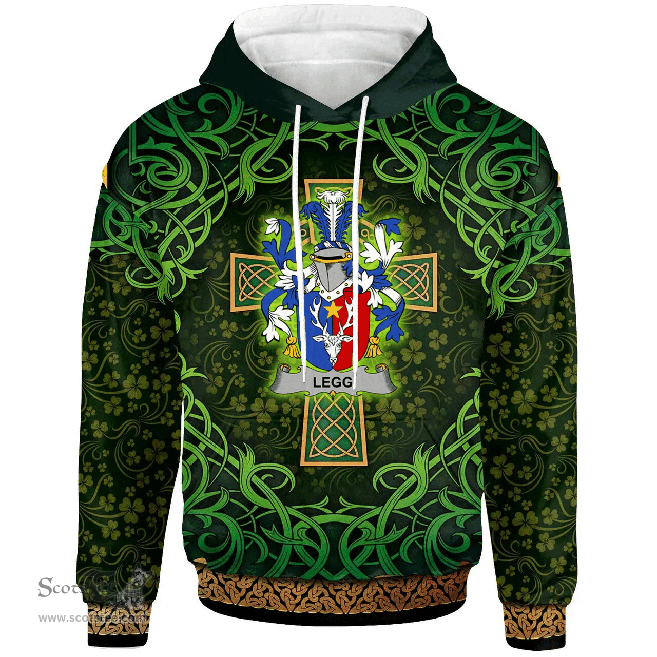 ScotsTee Shop Irish Legg or Legge Coat of Arms Family Crest Ireland Hoodie Celtic Cross Shamrock Patterns