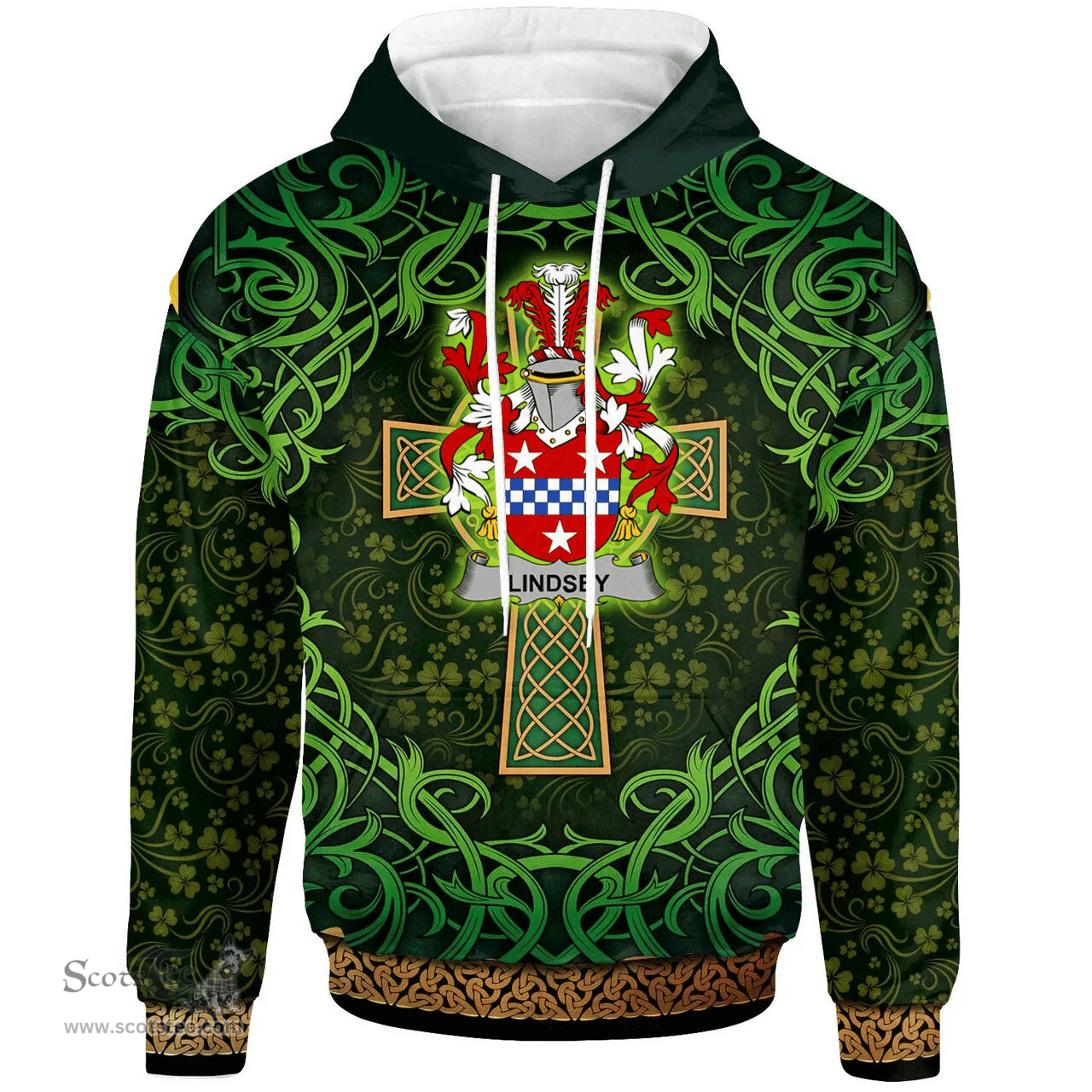 ScotsTee Shop Irish Lindsey Coat of Arms Family Crest Ireland Hoodie Celtic Cross Shamrock Patterns