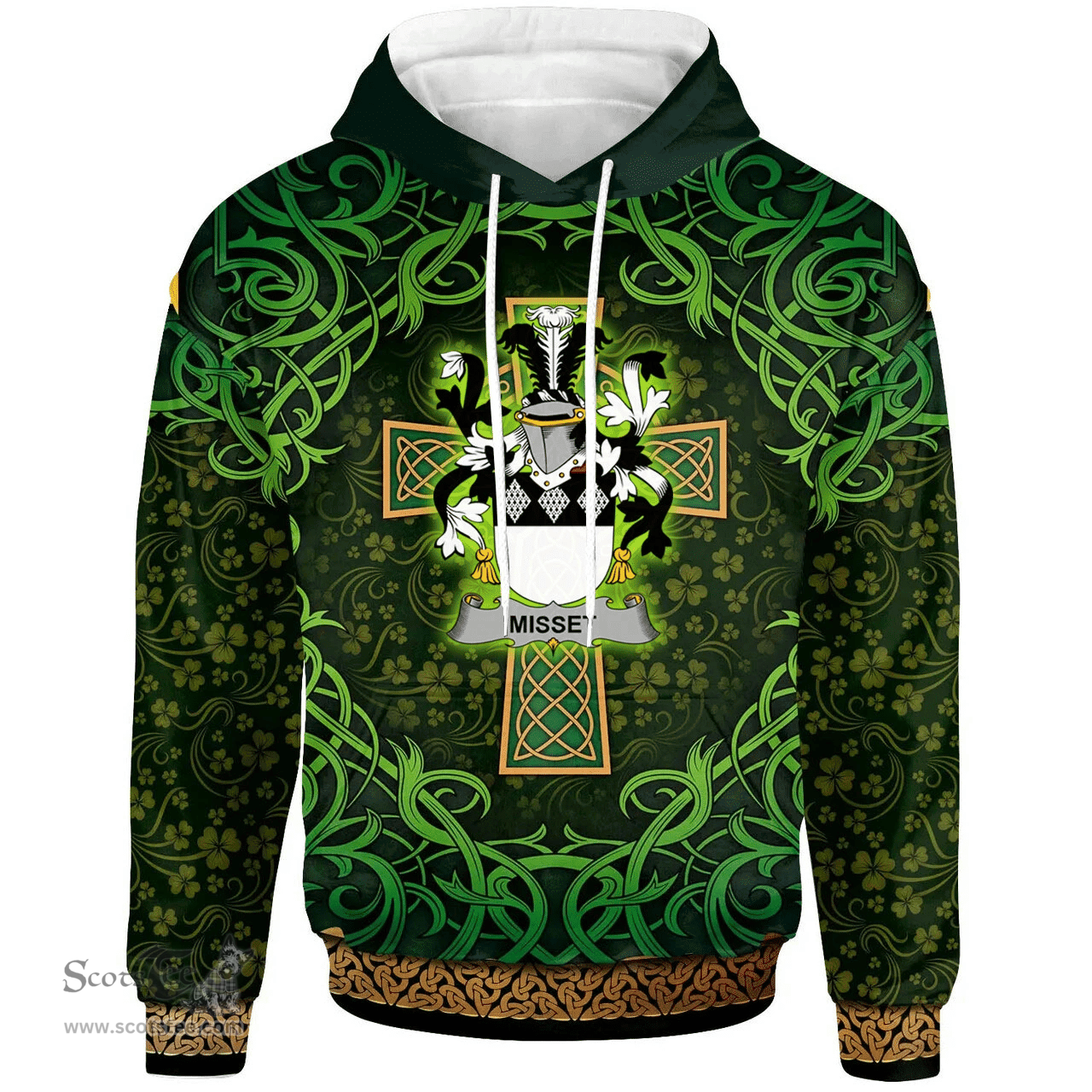 ScotsTee Shop Irish Misset Coat of Arms Family Crest Ireland Hoodie Celtic Cross Shamrock Patterns