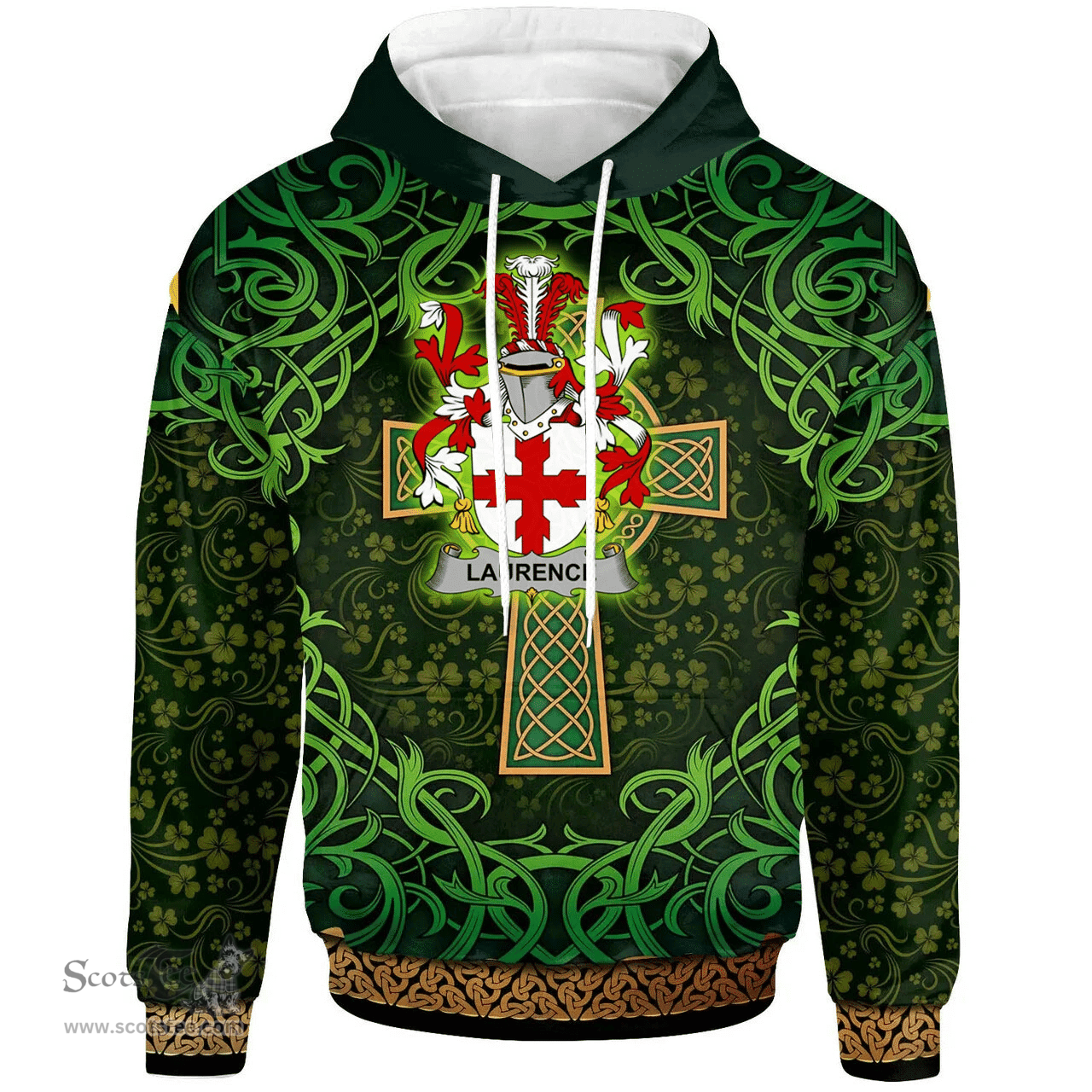 ScotsTee Shop Irish Laurence Coat of Arms Family Crest Ireland Hoodie Celtic Cross Shamrock Patterns