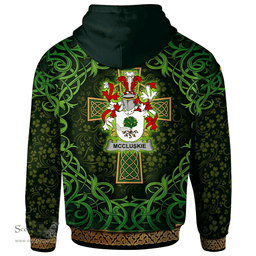 ScotsTee Shop Irish McCluskie or McCloskie Coat of Arms Family Crest Ireland Hoodie Celtic Cross Shamrock Patterns